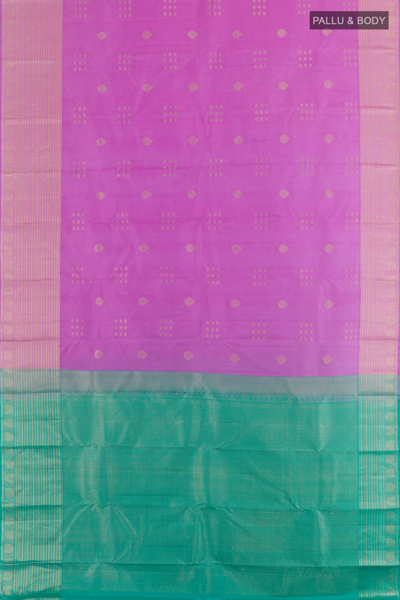 Flat view of Lavender Kanchipuram Silk Saree with Zari Butta on the body and Zari Border. 