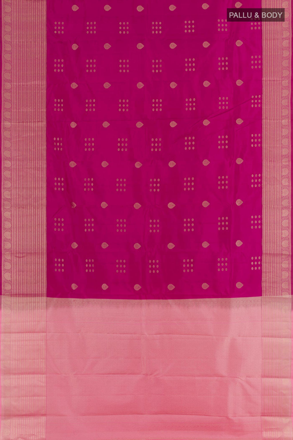 Flat view of Magenta Kanchipuram Silk Saree with Zari Butta on the body and Zari Border. 