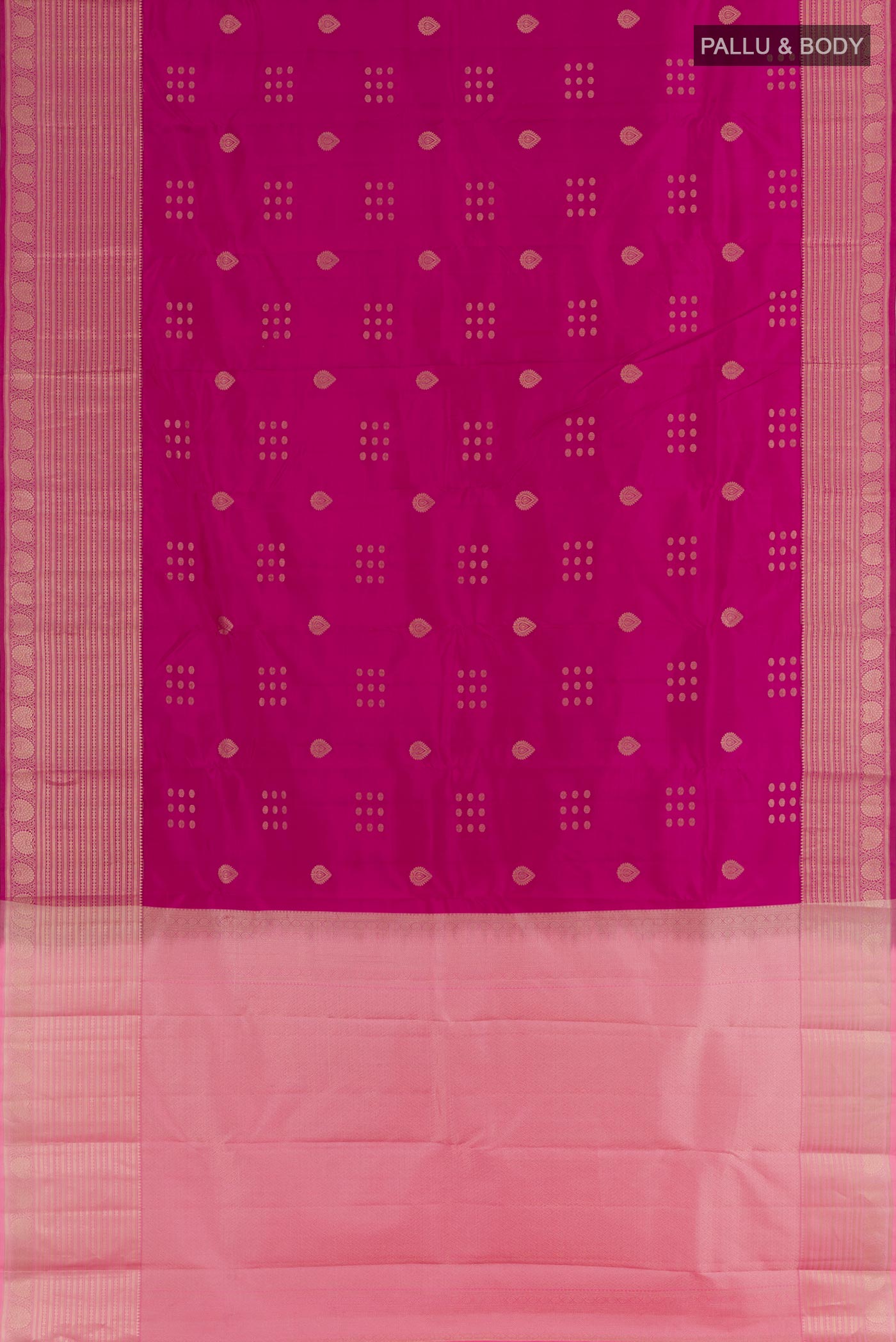 Flat view of Magenta Kanchipuram Silk Saree with Zari Butta on the body and Zari Border. 