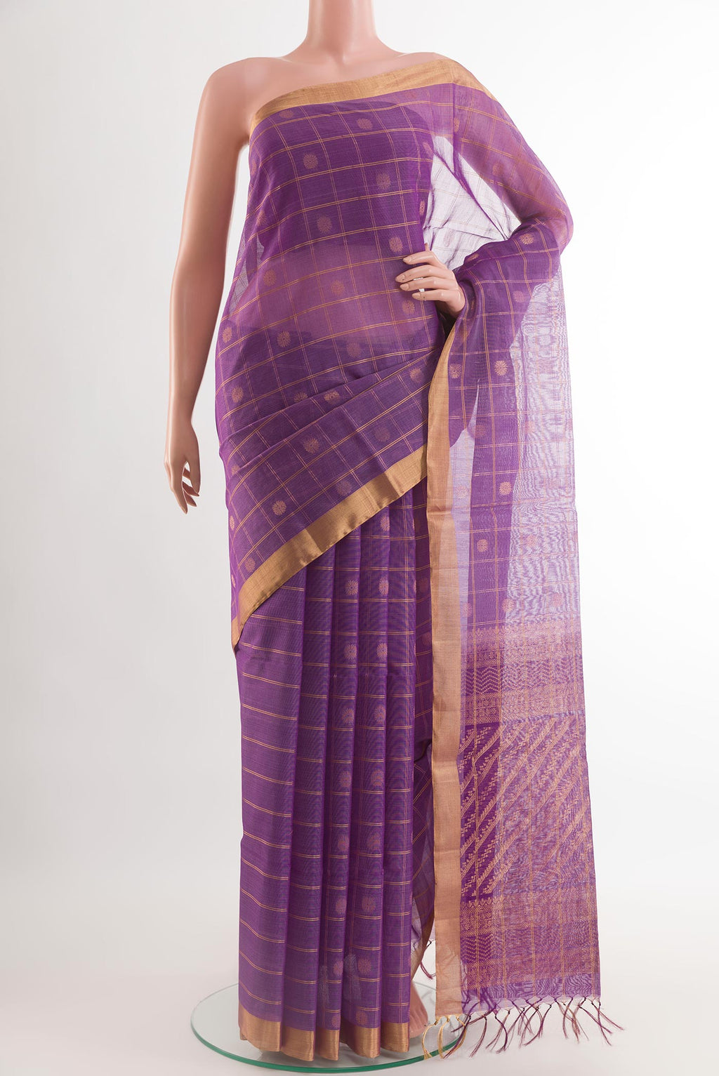 Purple Blended Kora Silk Saree with Checked design on the body and Zari Border.  displayed on a mannequin