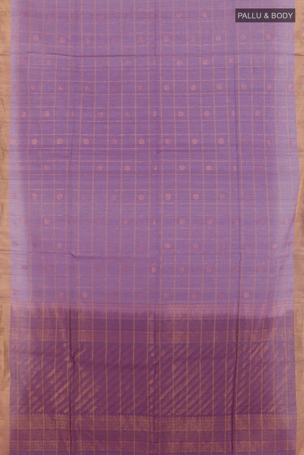 Flat view of Purple Blended Kora Silk Saree with Checked design on the body and Zari Border. 