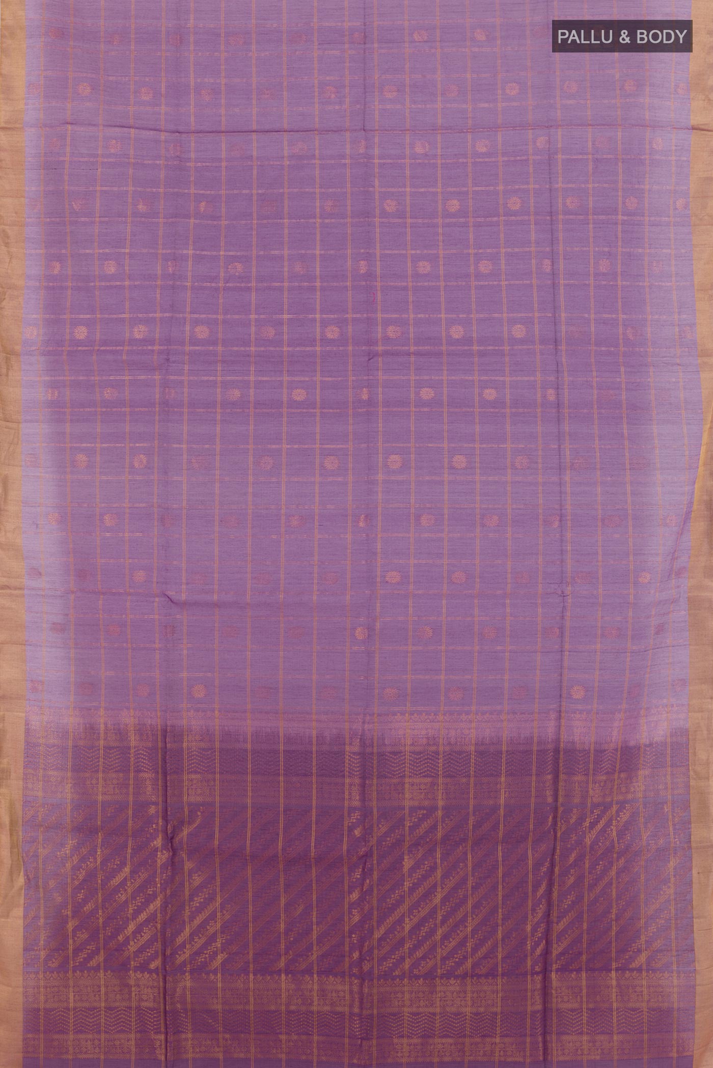 Flat view of Purple Blended Kora Silk Saree with Checked design on the body and Zari Border. 