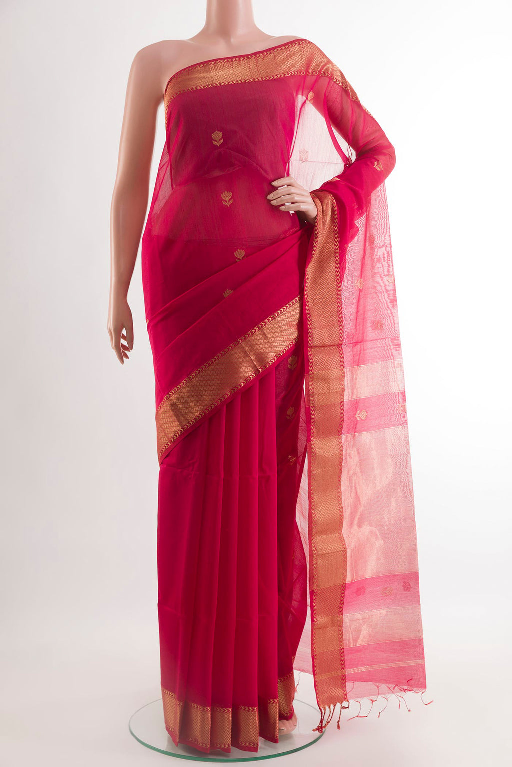 Pink Blended Kora Cotton Saree with Zari Butta on the body and Zari Border.  displayed on a mannequin