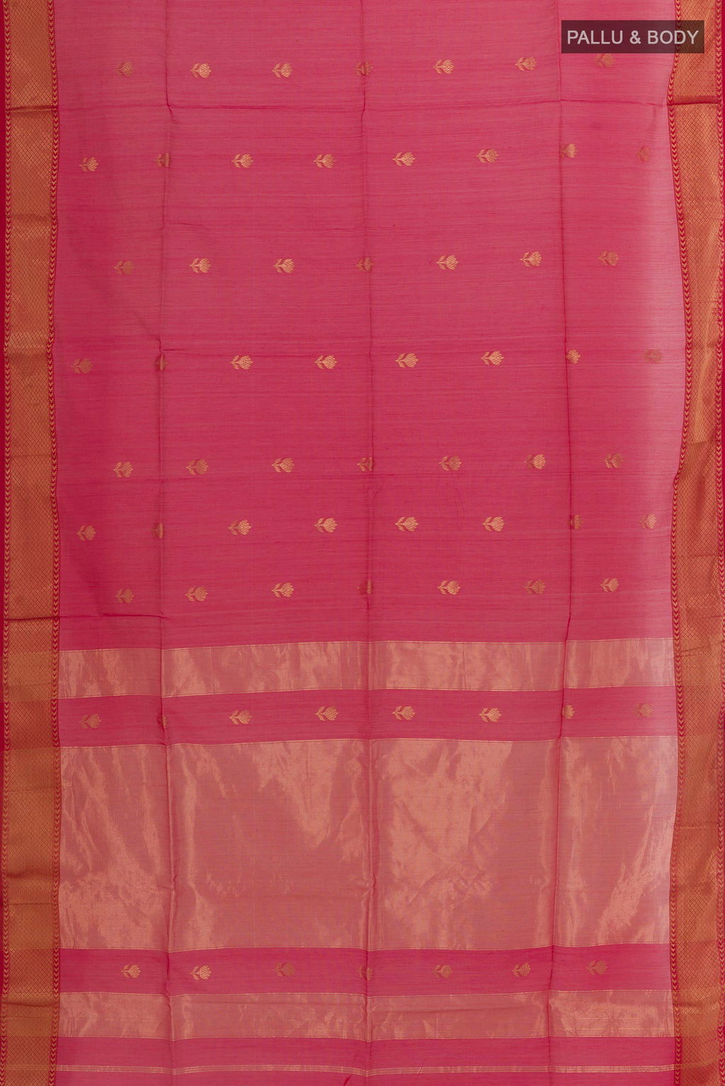 Flat view of Pink Blended Kora Cotton Saree with Zari Butta on the body and Zari Border. 