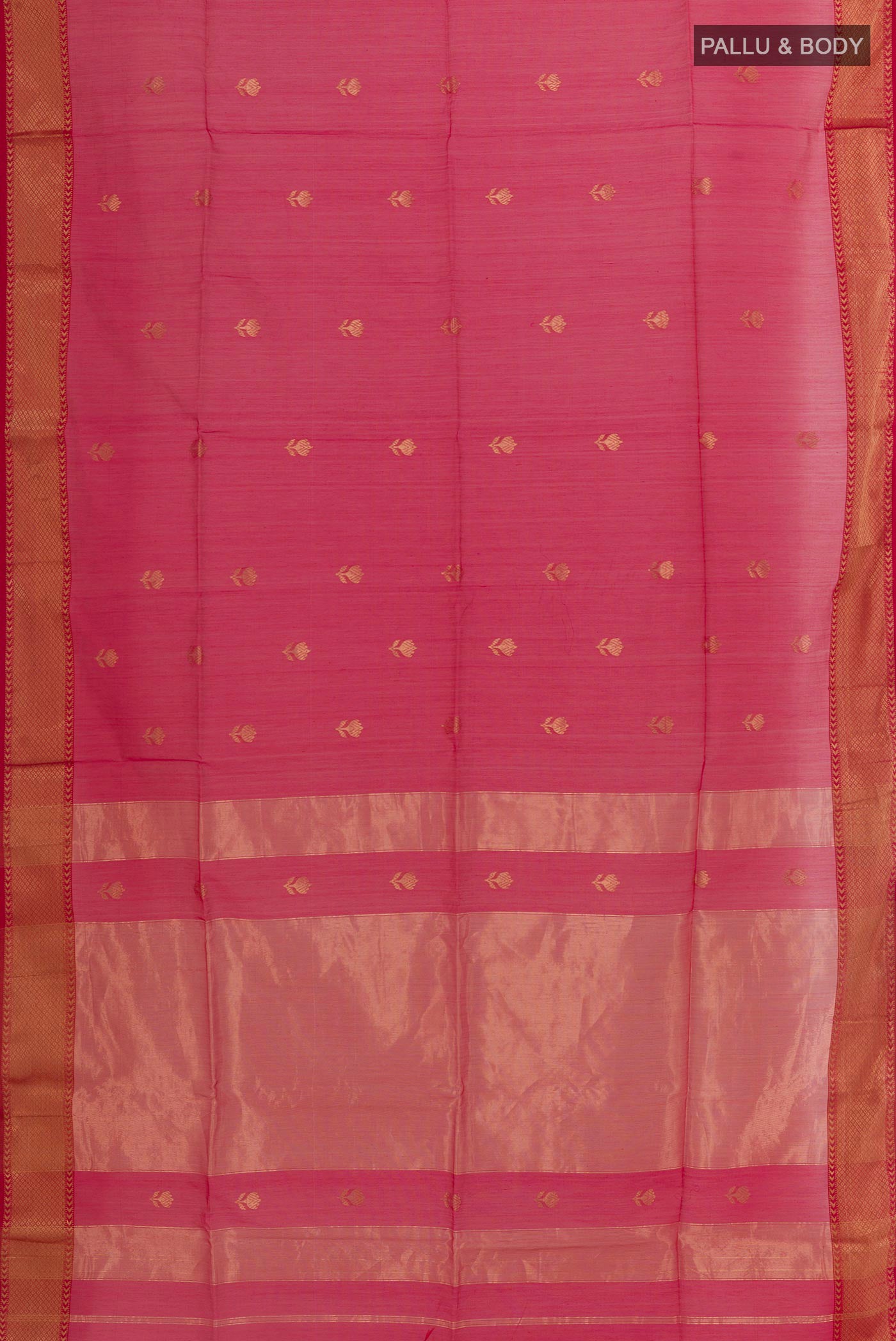 Flat view of Pink Blended Kora Cotton Saree with Zari Butta on the body and Zari Border. 