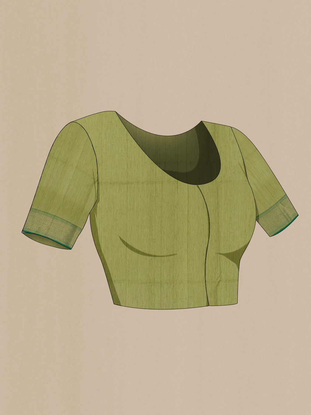 Close up image of the blouse of Green Blended Kora Silk Saree with Zari Butta on the body and Zari Border. 