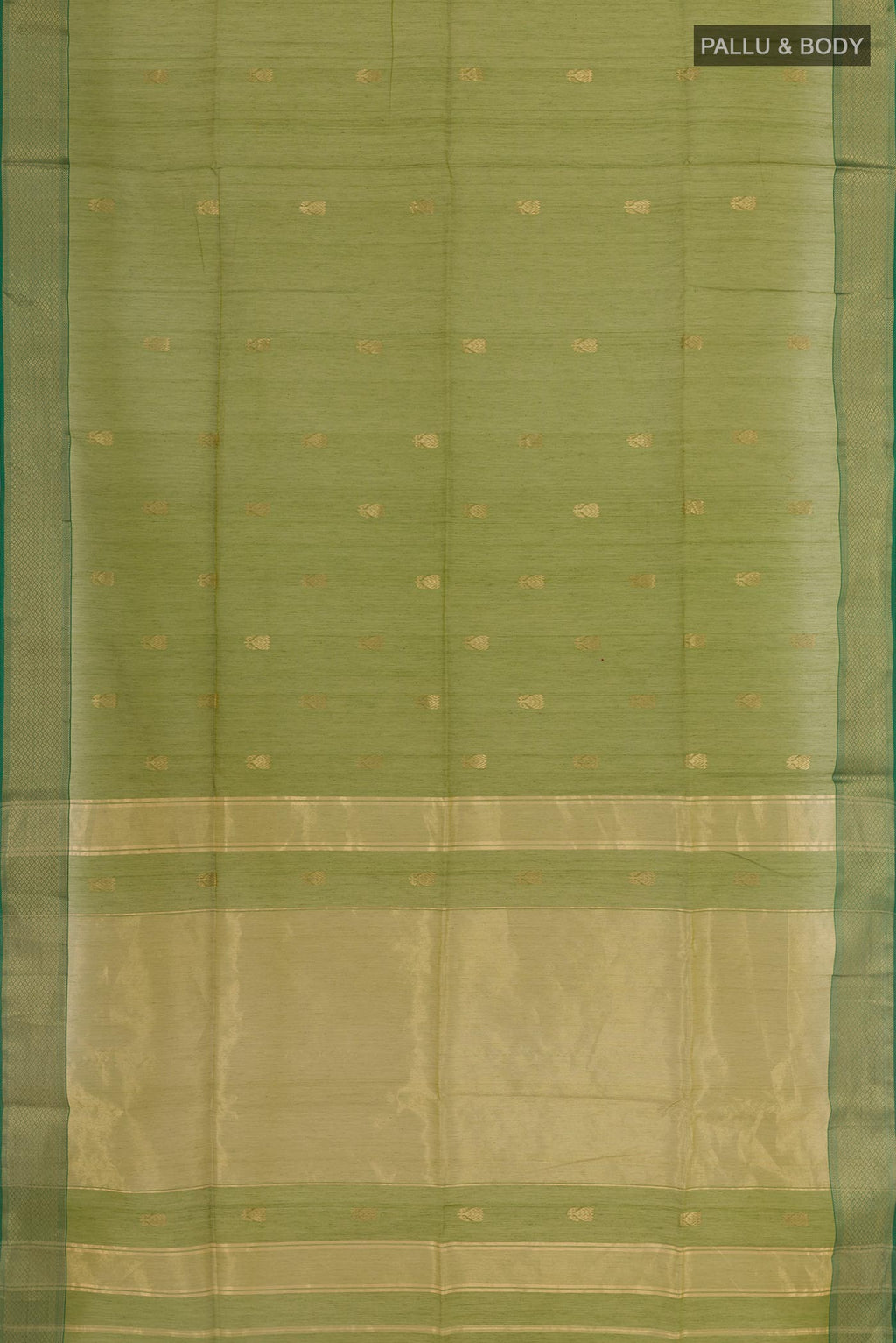 Flat view of Green Blended Kora Silk Saree with Zari Butta on the body and Zari Border. 