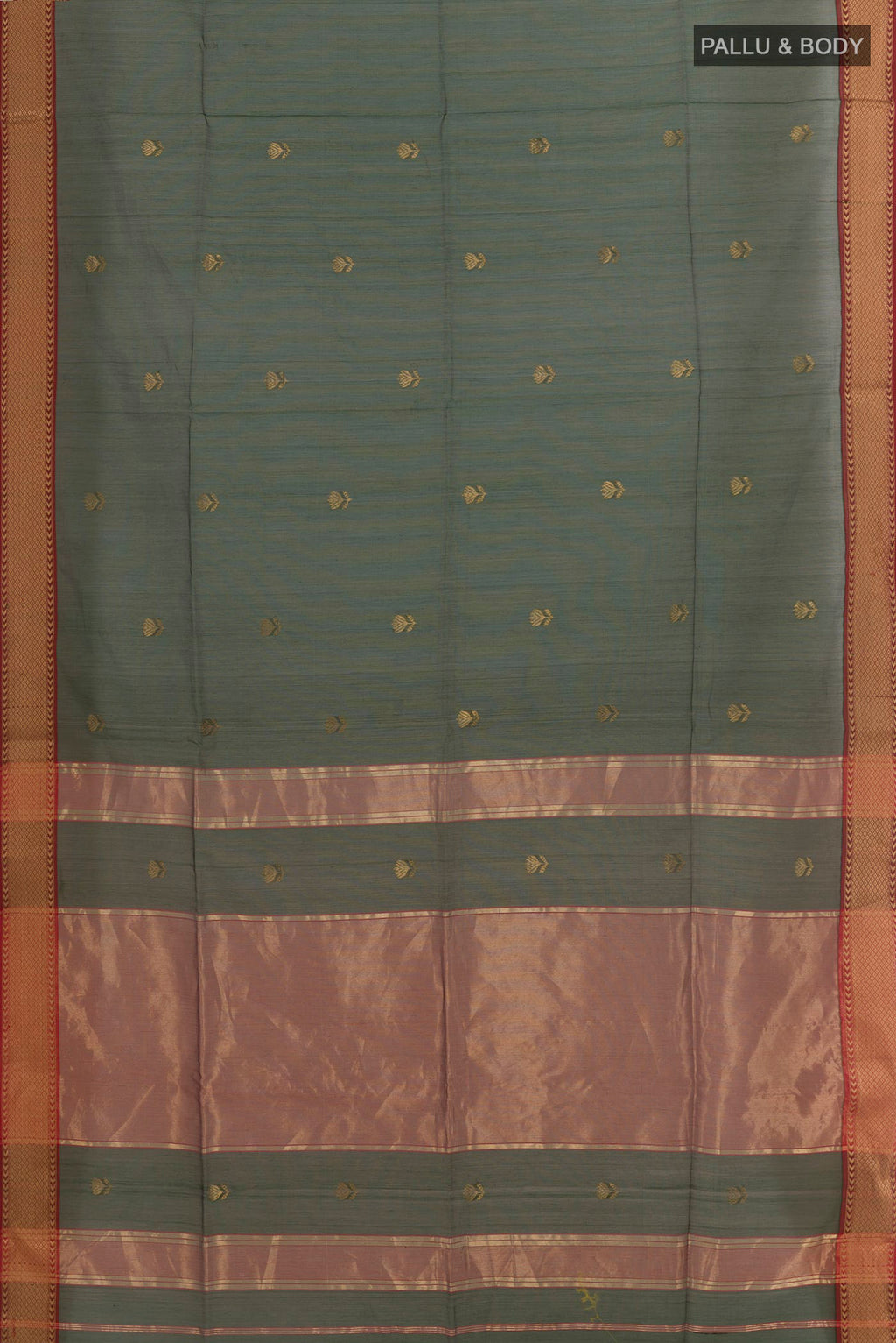 Flat view of Green Blended Kora Cotton Saree with Zari Butta on the body and Zari Border. 