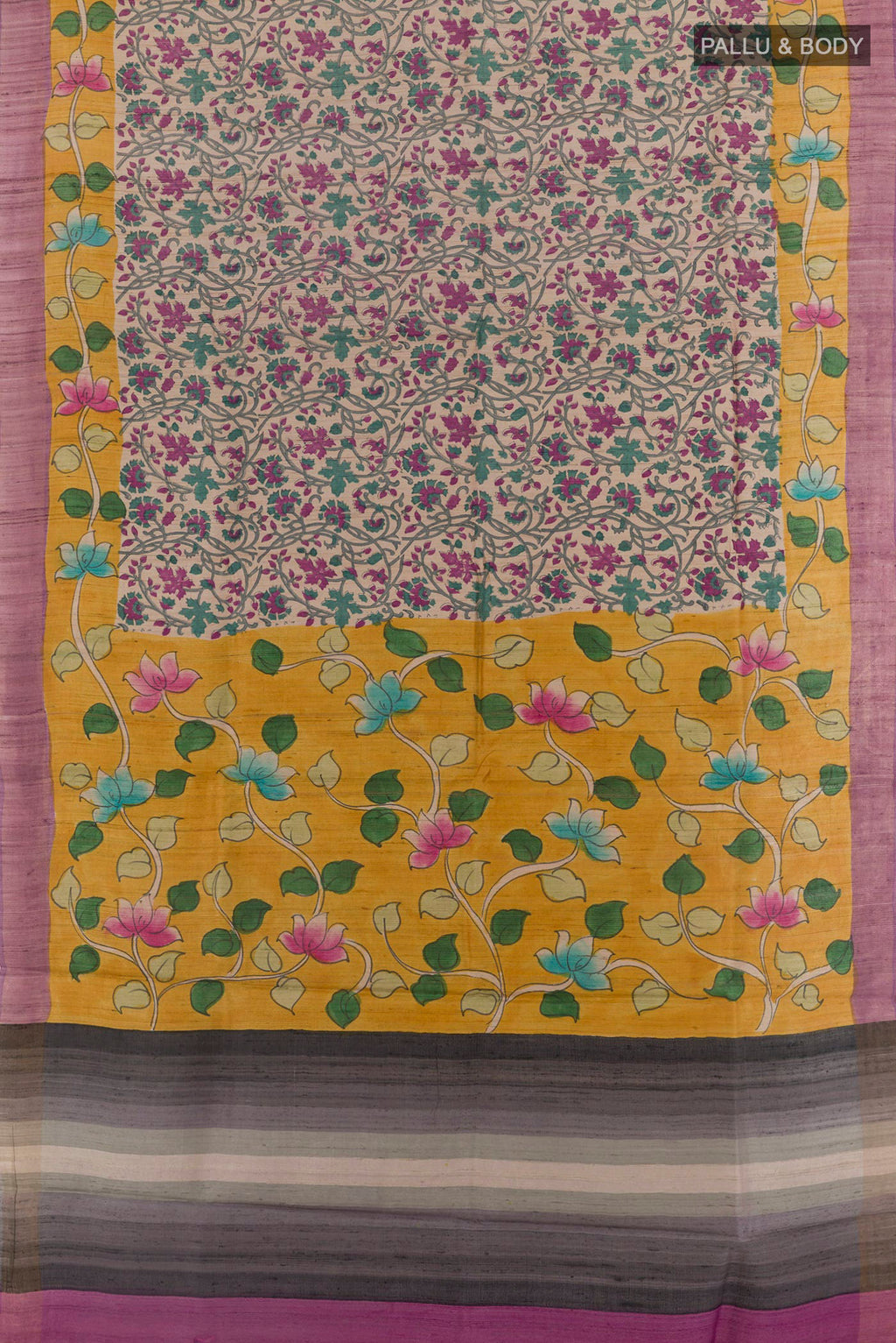 Flat view of Cream Tussar Saree with Printed design on the body and Printed Border. 