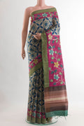Multi Color Tussar Saree with Printed design on the body and Zari Border.  displayed on a mannequin