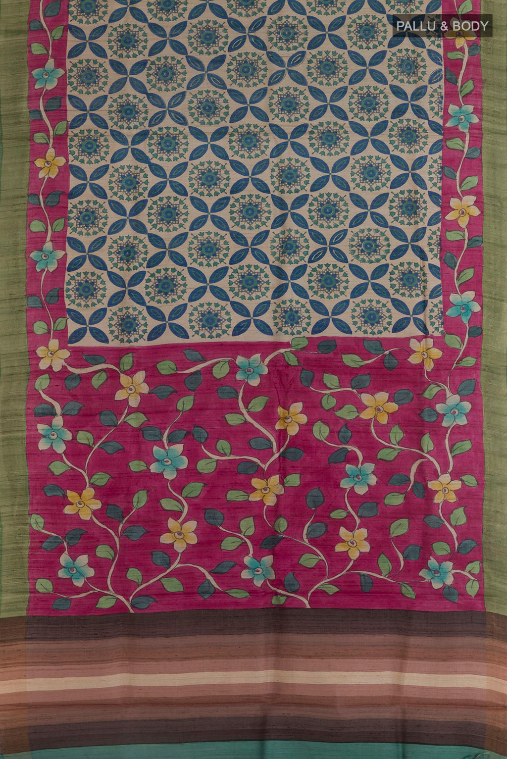 Flat view of Multi Color Tussar Saree with Printed design on the body and Zari Border. 