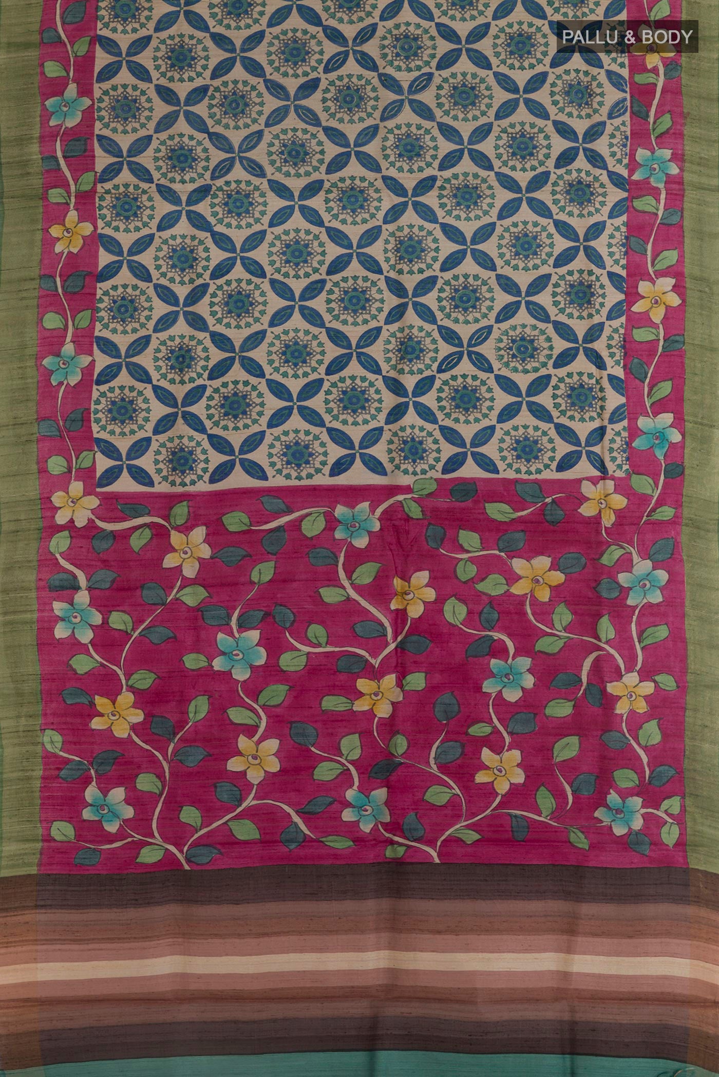 Flat view of Multi Color Tussar Saree with Printed design on the body and Zari Border. 