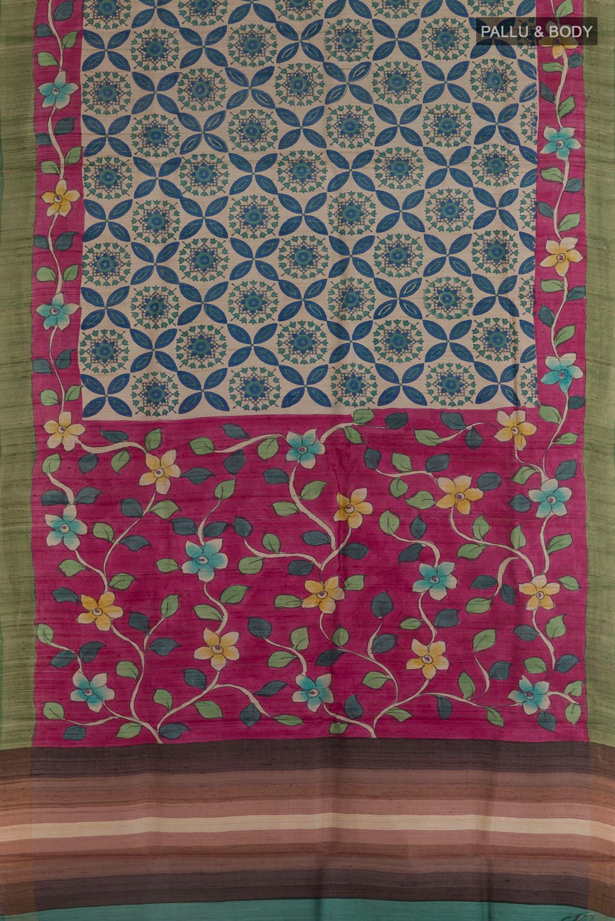 Flat view of Multi Color Tussar Saree with Printed design on the body and Zari Border. 