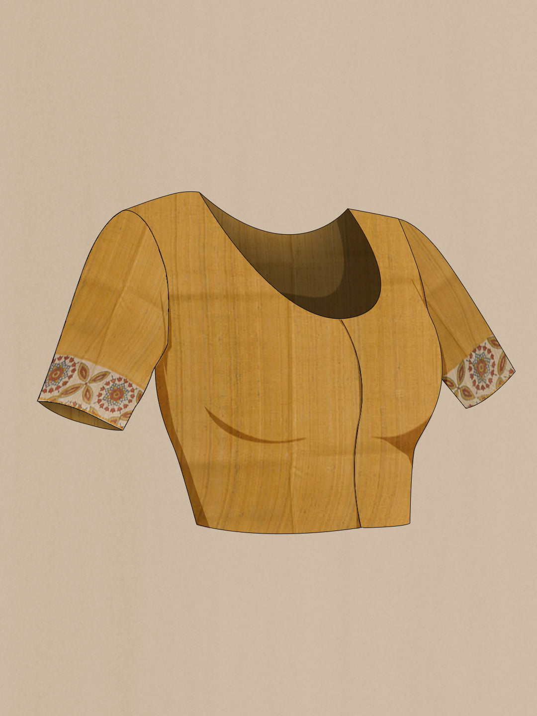 Close up image of the blouse of Yellow Tussar Saree with Printed design on the body and Embroidery Border. 