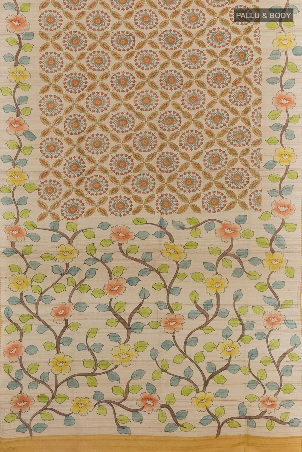 Flat view of Yellow Tussar Saree with Printed design on the body and Embroidery Border. 