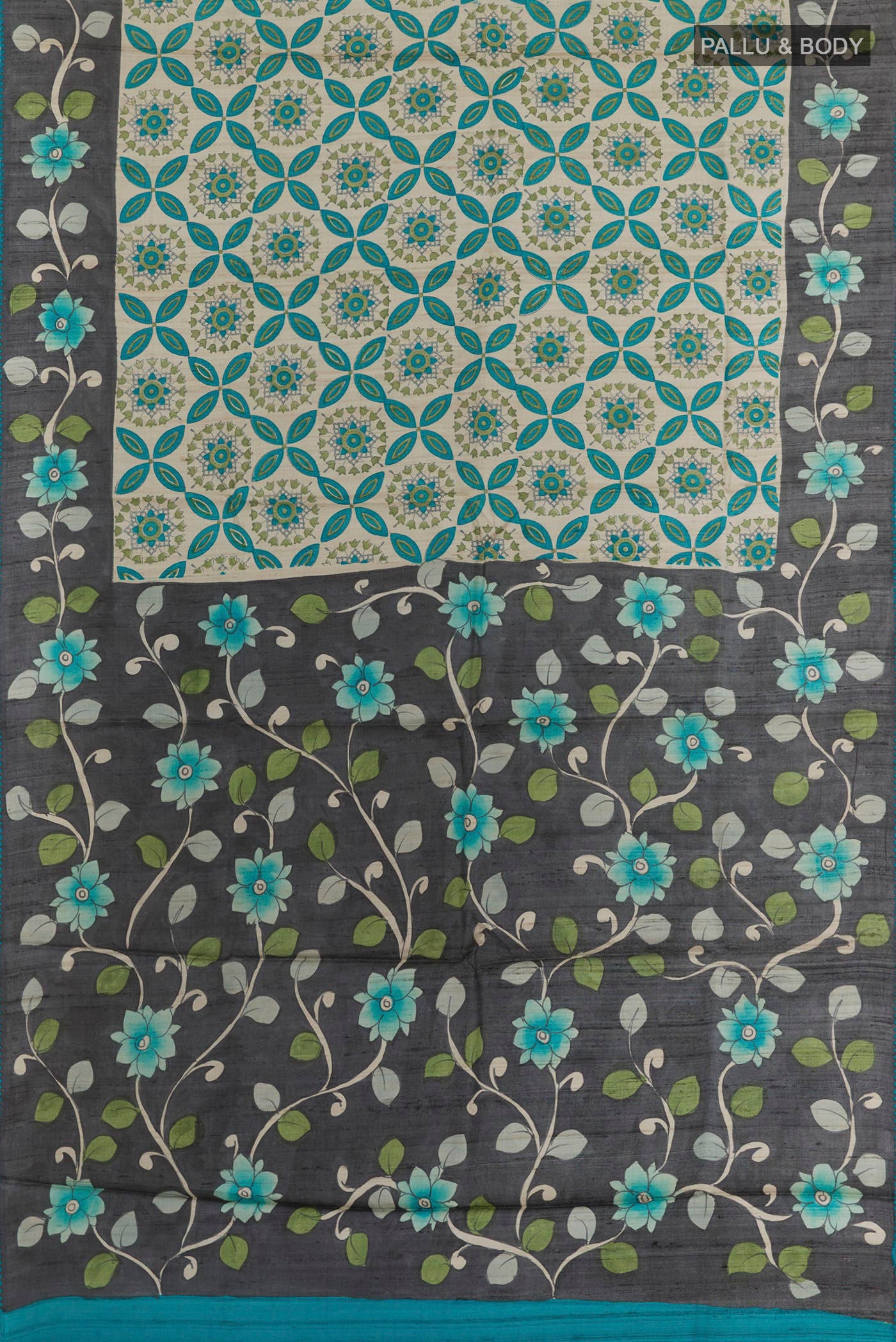 Flat view of Off White Tussar Saree with Printed design on the body and Printed Border. 