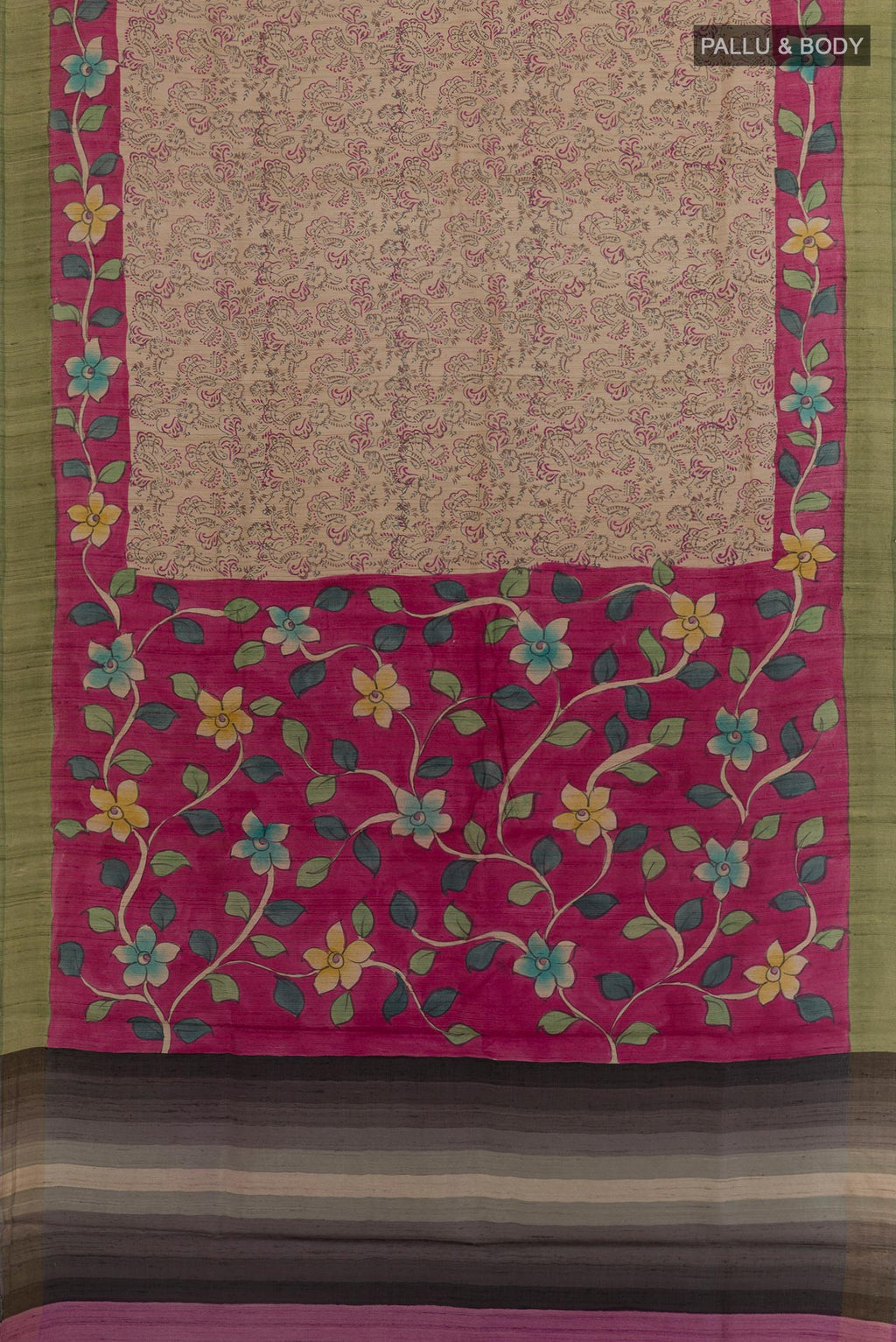 Flat view of Beige Tussar Silk Saree with Printed design on the body and Zari Border. 