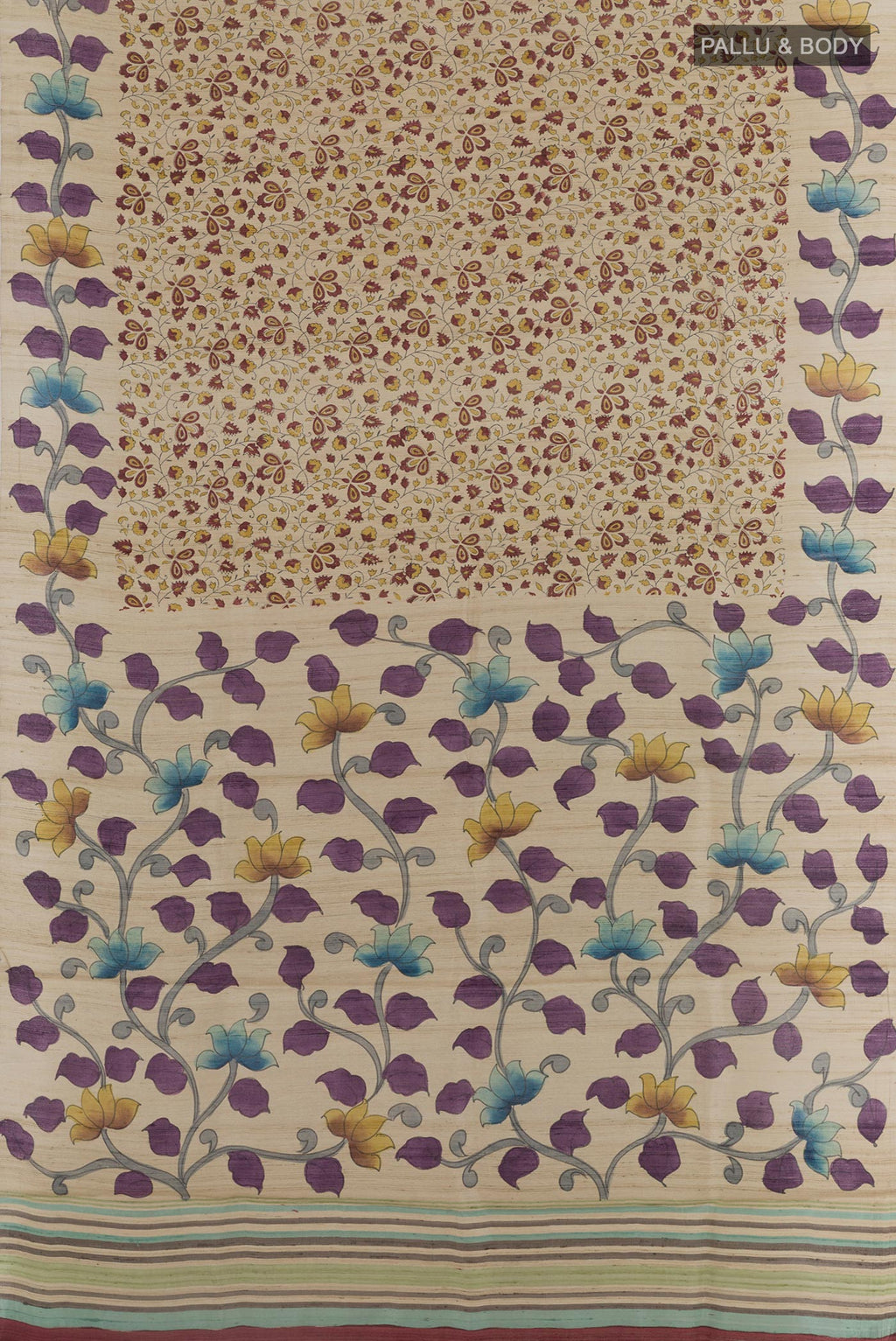 Flat view of Beige Tussar Silk Saree with Printed design on the body and Without Border. 