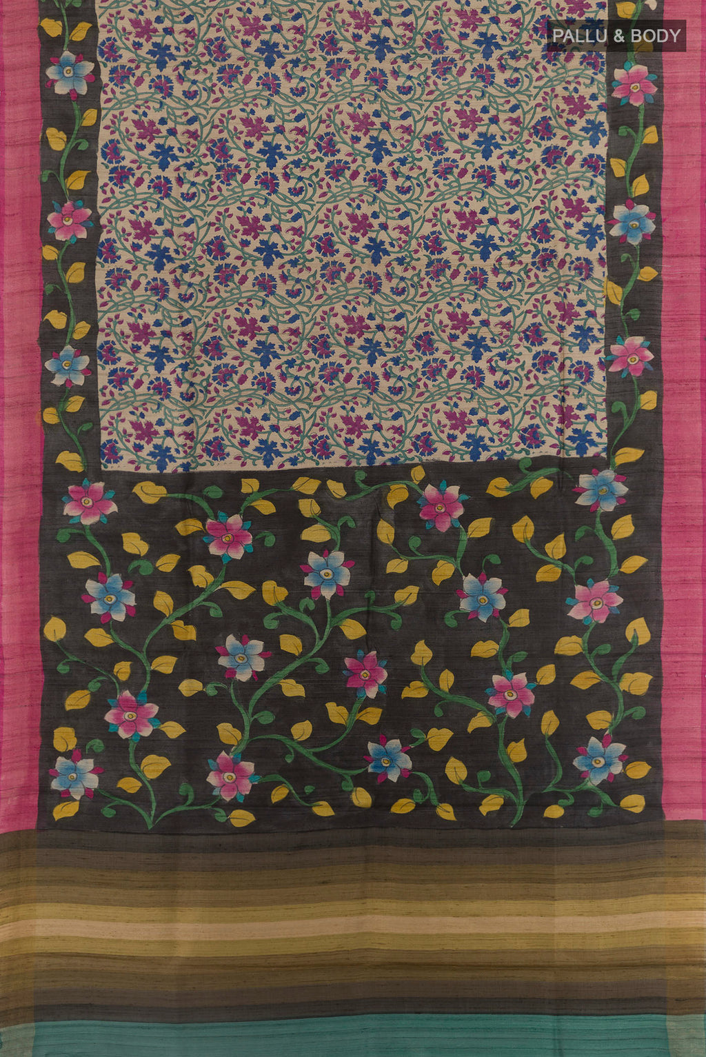 Flat view of Multi Color Tussar Saree with Printed design on the body and Zari Border. 