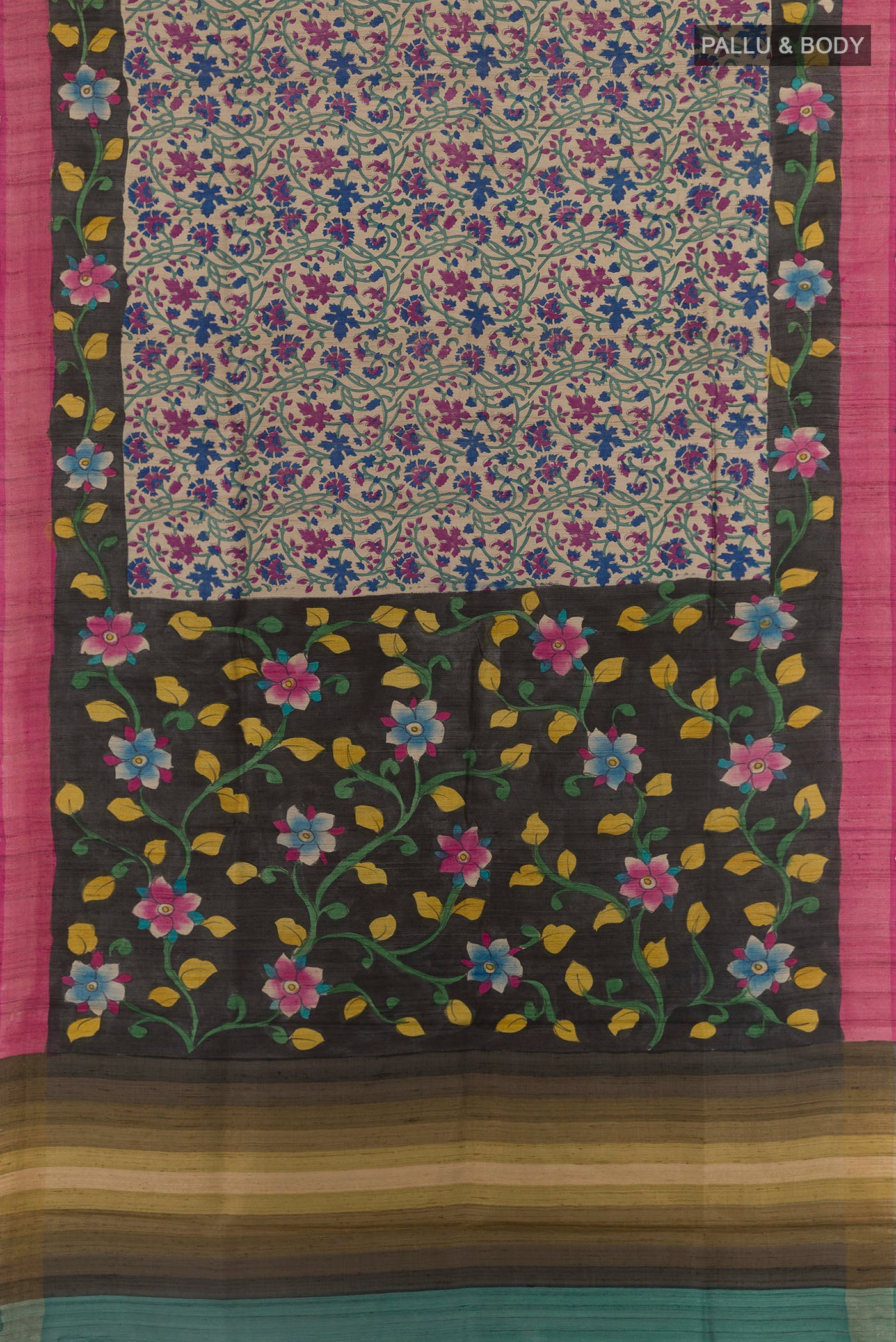 Flat view of Multi Color Tussar Saree with Printed design on the body and Zari Border. 