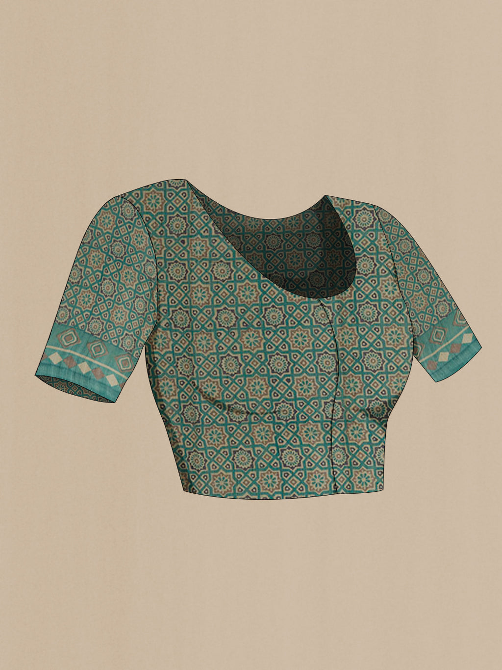 Close up image of the blouse of Teal Tussar Silk Saree with Printed design on the body and Without Border. 