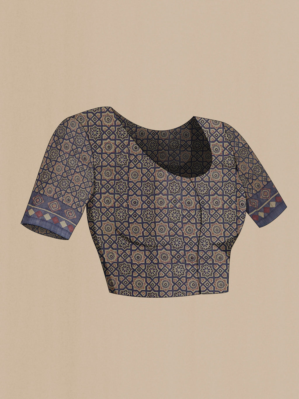 Close up image of the blouse of Beige Tussar Saree with Printed design on the body and Printed Border. 