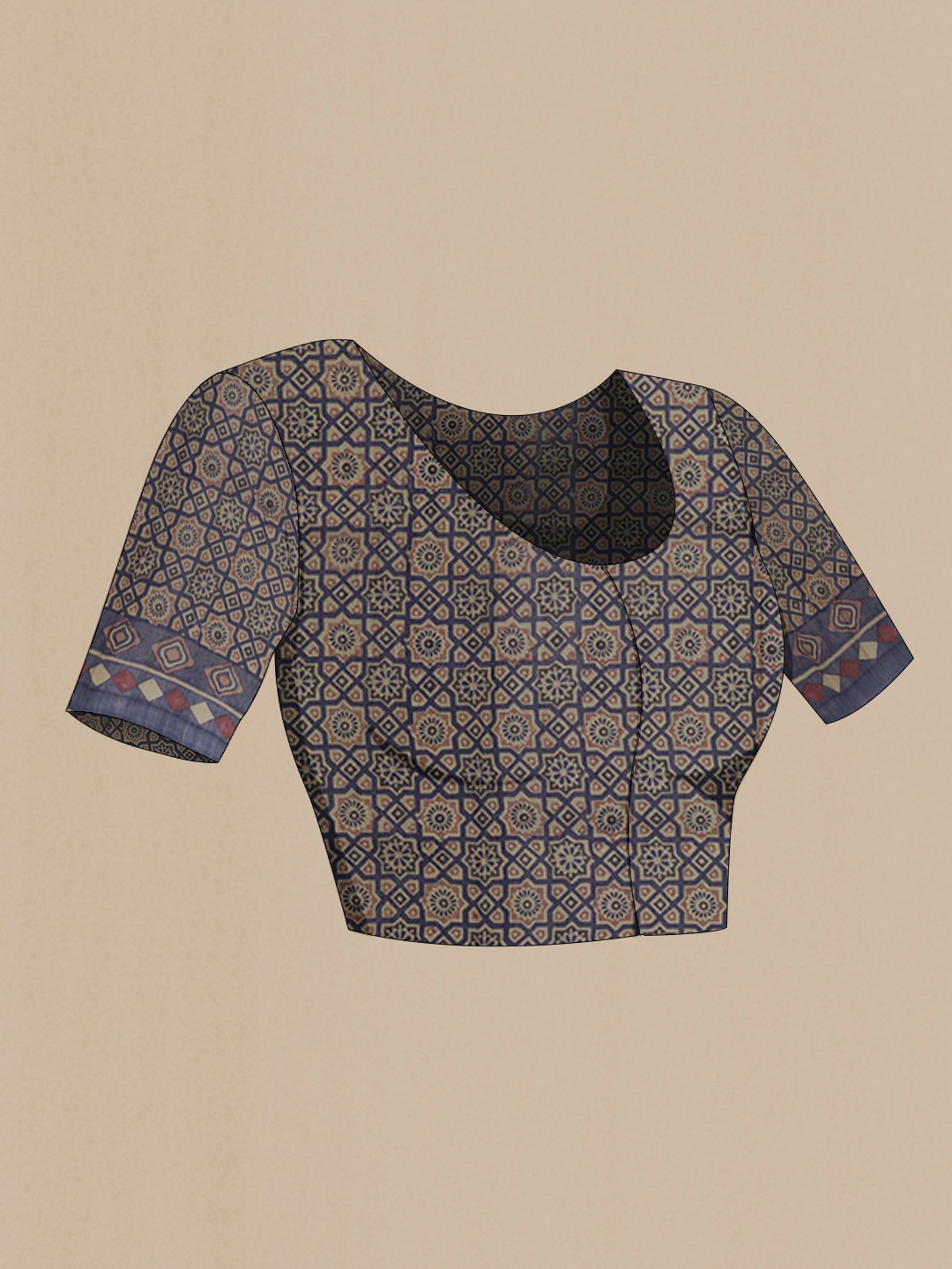 Close up image of the blouse of Beige Tussar Saree with Printed design on the body and Printed Border. 