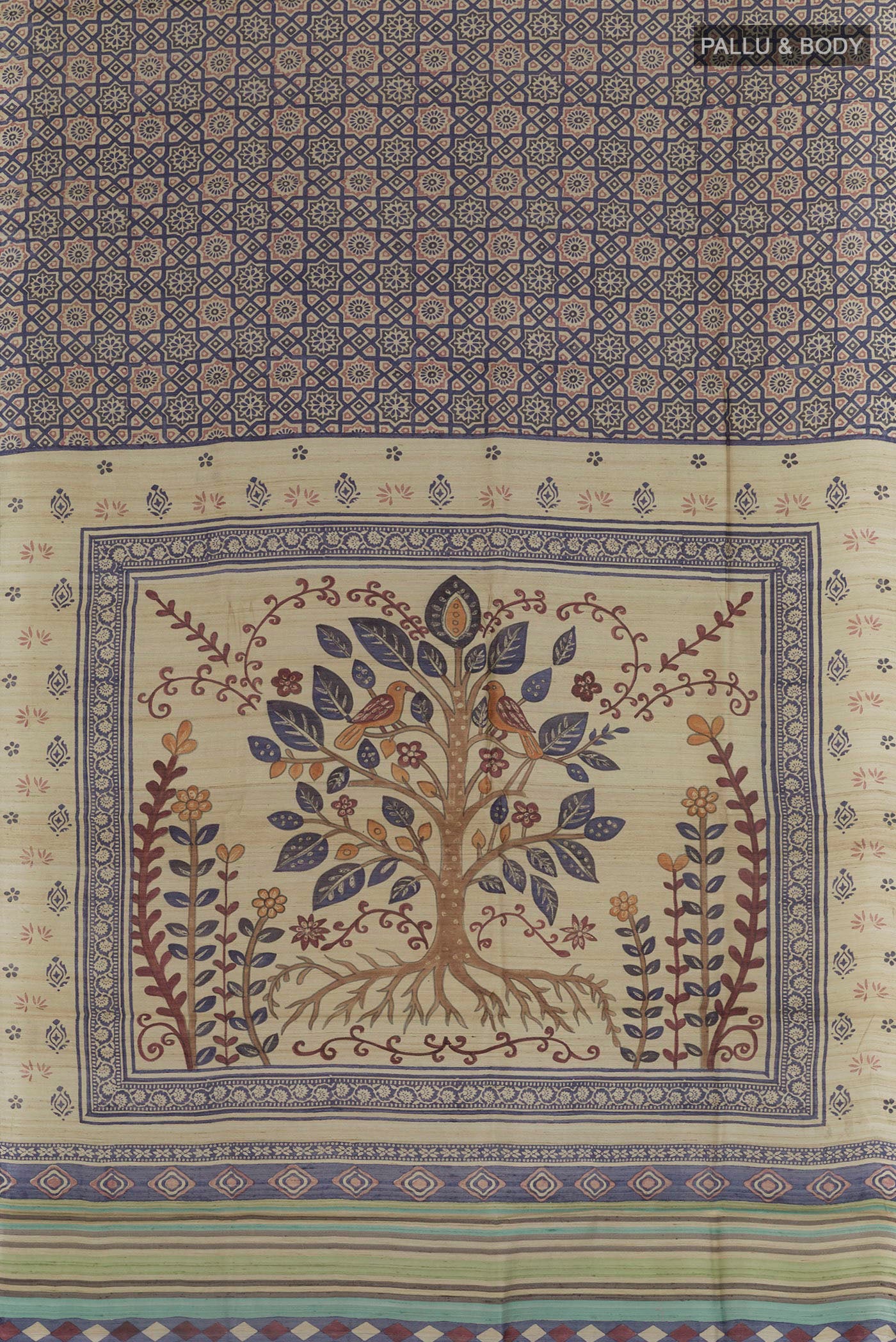 Flat view of Beige Tussar Saree with Printed design on the body and Printed Border. 