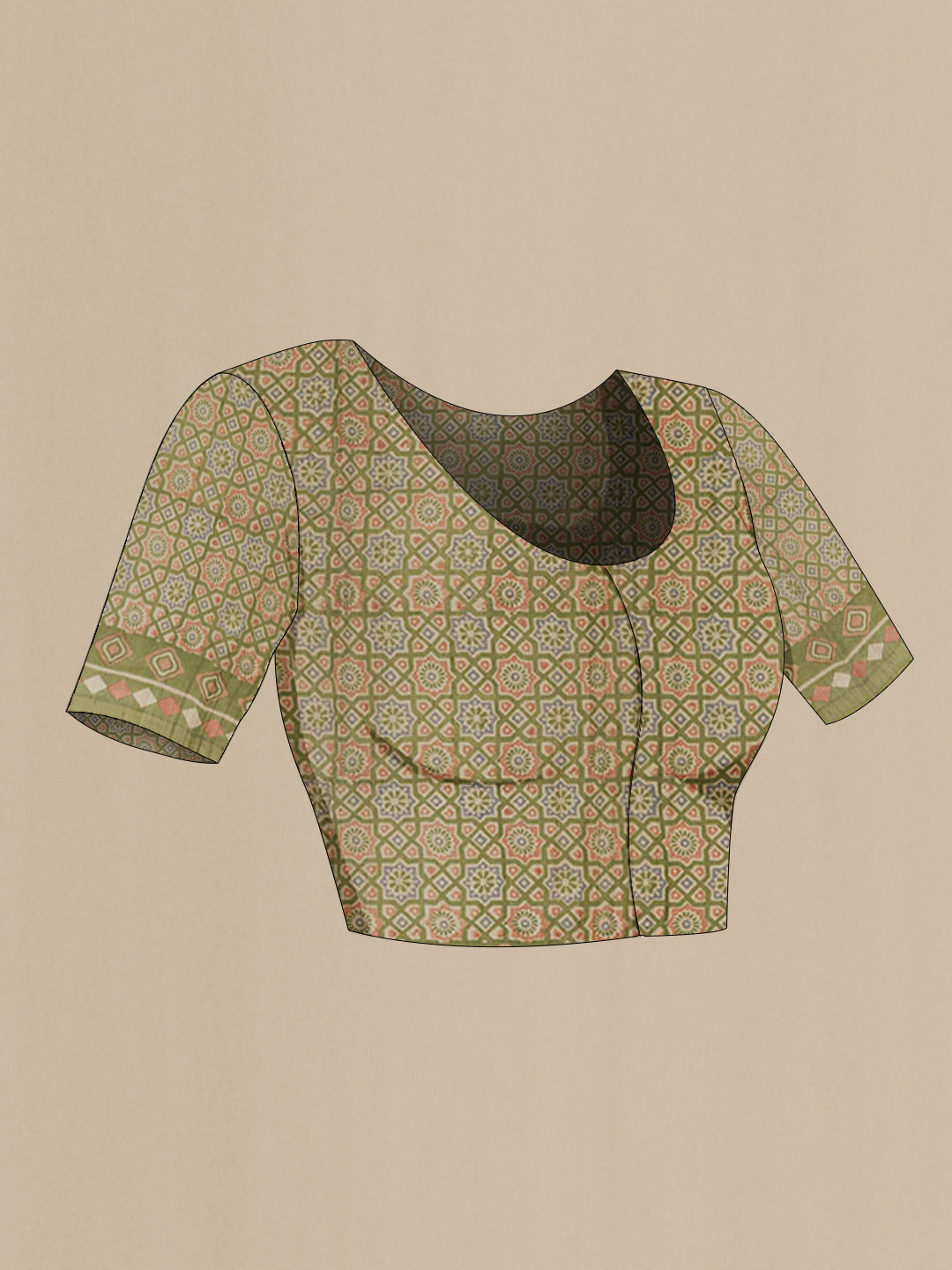 Close up image of the blouse of Green Tussar Saree with Printed design on the body and Embroidery Border. 
