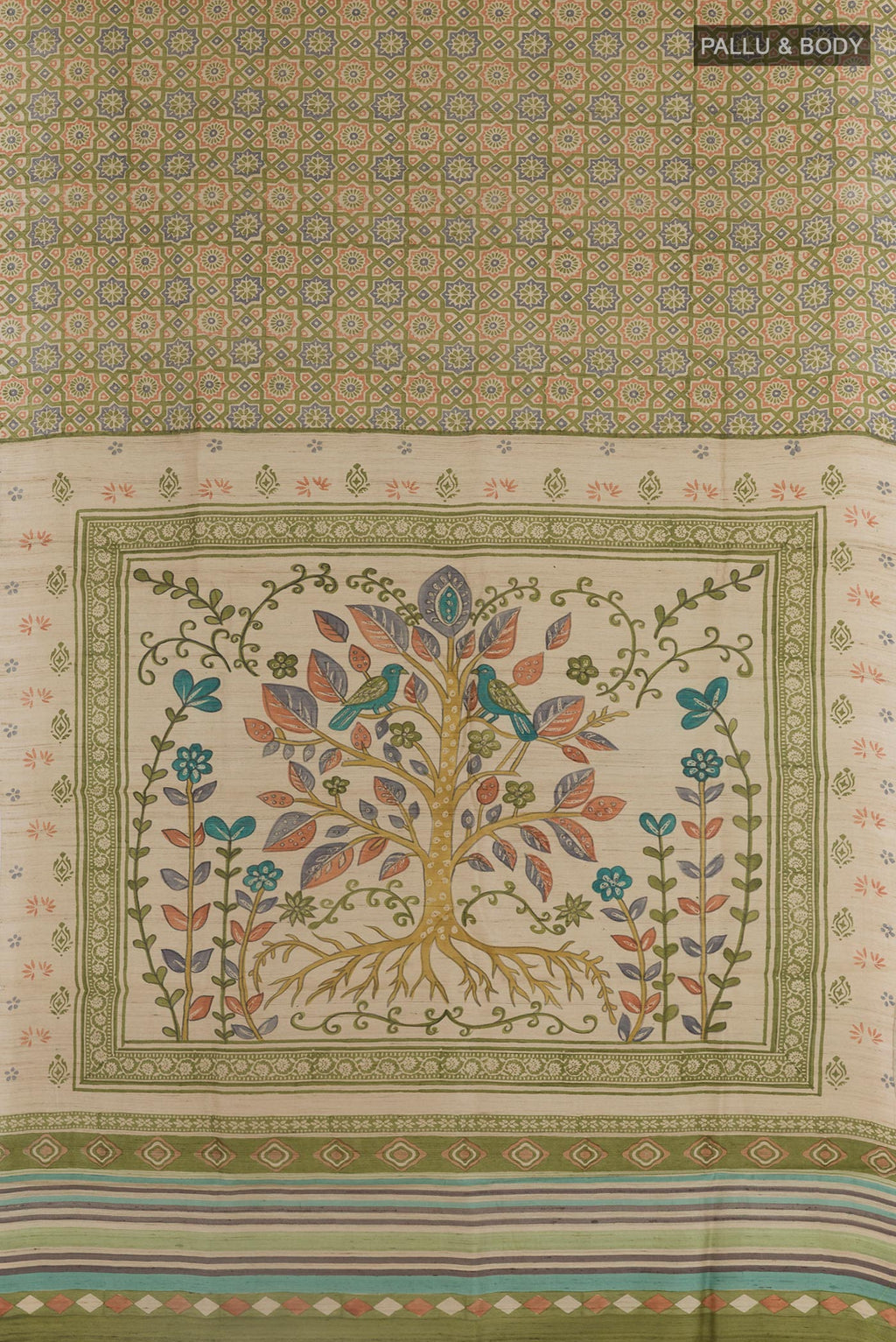 Flat view of Green Tussar Saree with Printed design on the body and Embroidery Border. 