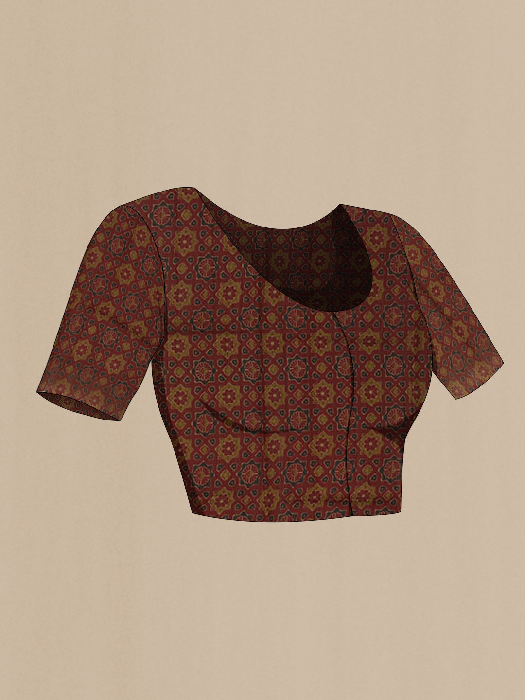 Close up image of the blouse of Mustard Tussar Saree with Printed design on the body and Zari Border. 