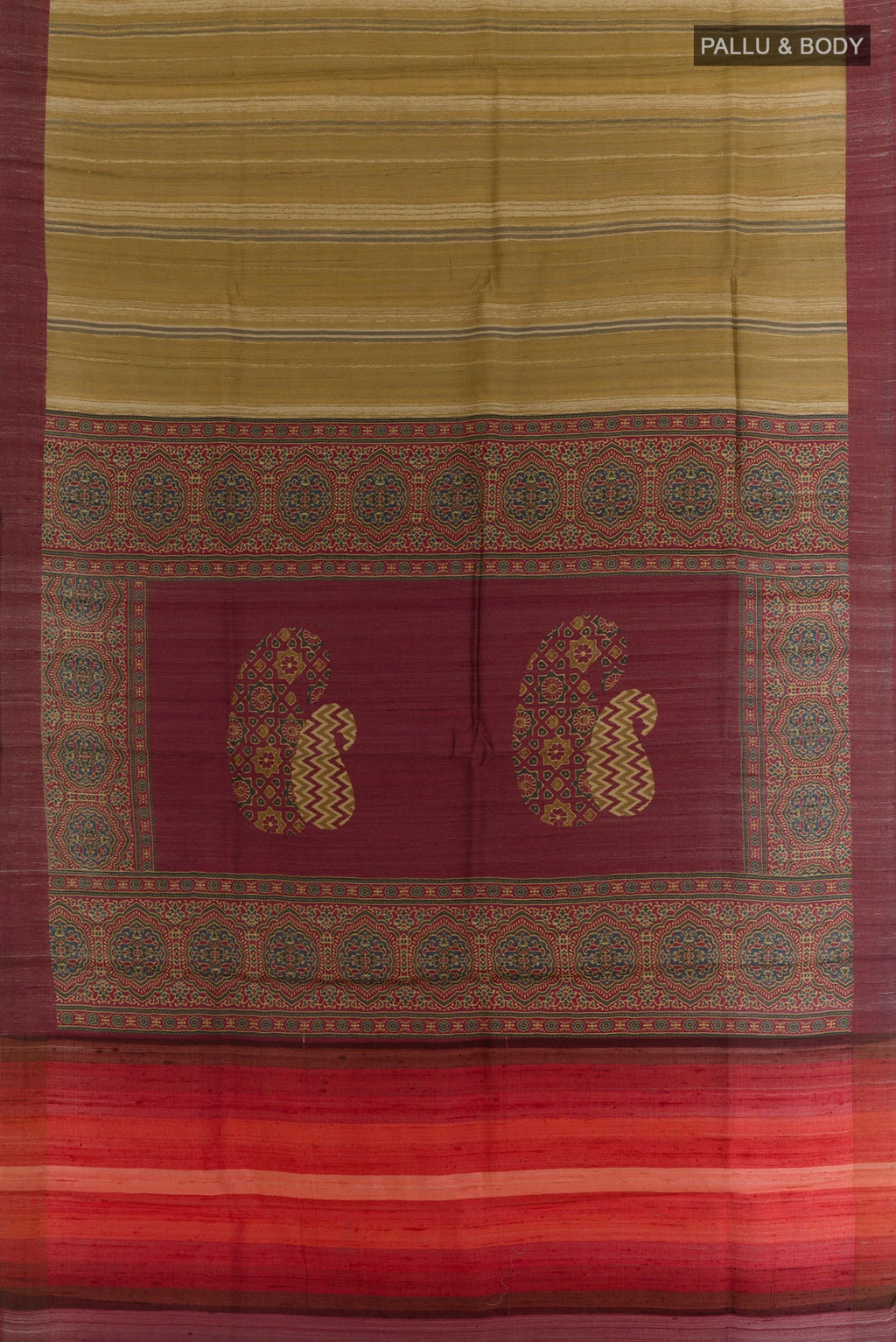 Flat view of Mustard Tussar Saree with Printed design on the body and Zari Border. 