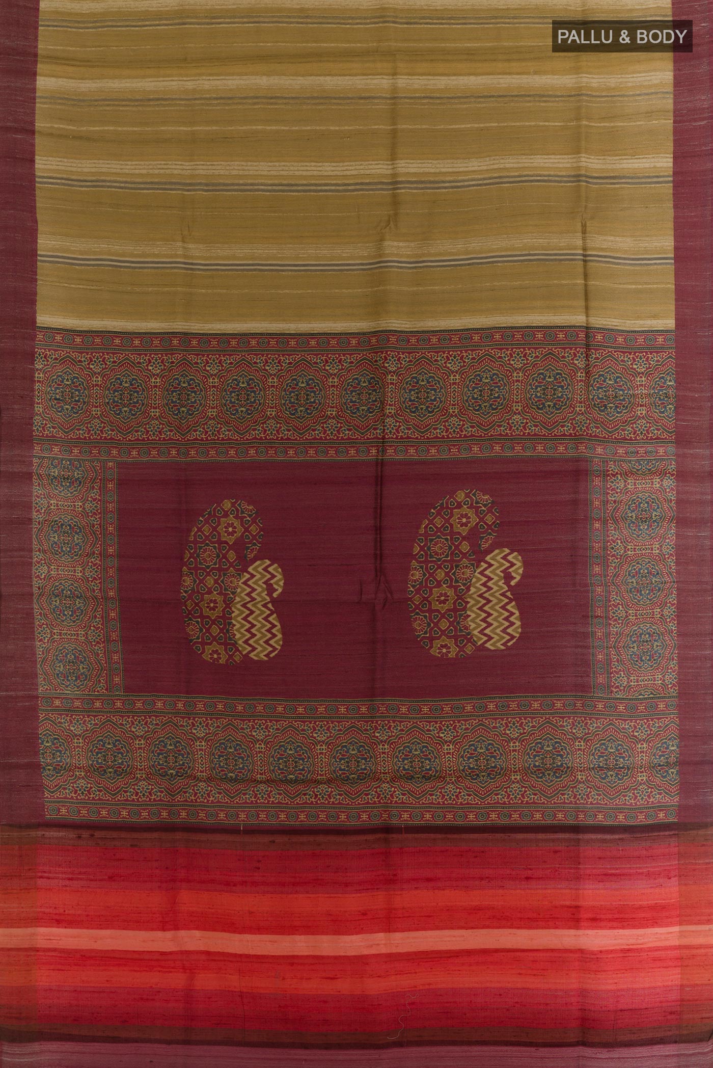 Flat view of Mustard Tussar Saree with Printed design on the body and Zari Border. 