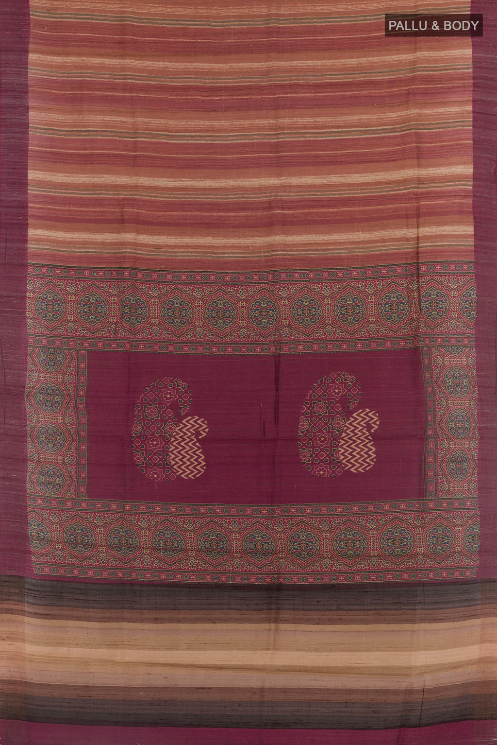 Flat view of Maroon Tussar Saree with Printed design on the body and Embroidery Border. 