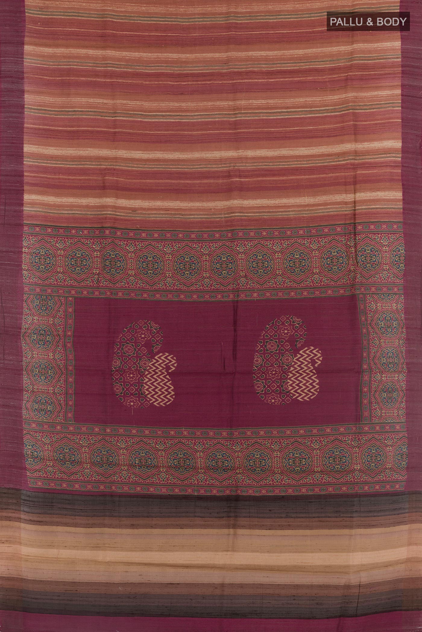 Flat view of Maroon Tussar Saree with Printed design on the body and Embroidery Border. 