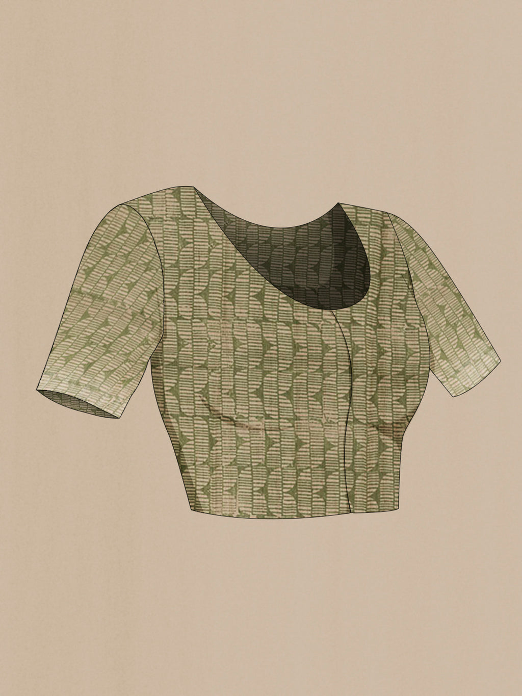 Close up image of the blouse of Green Tussar Saree with Printed design on the body and Printed Border. 