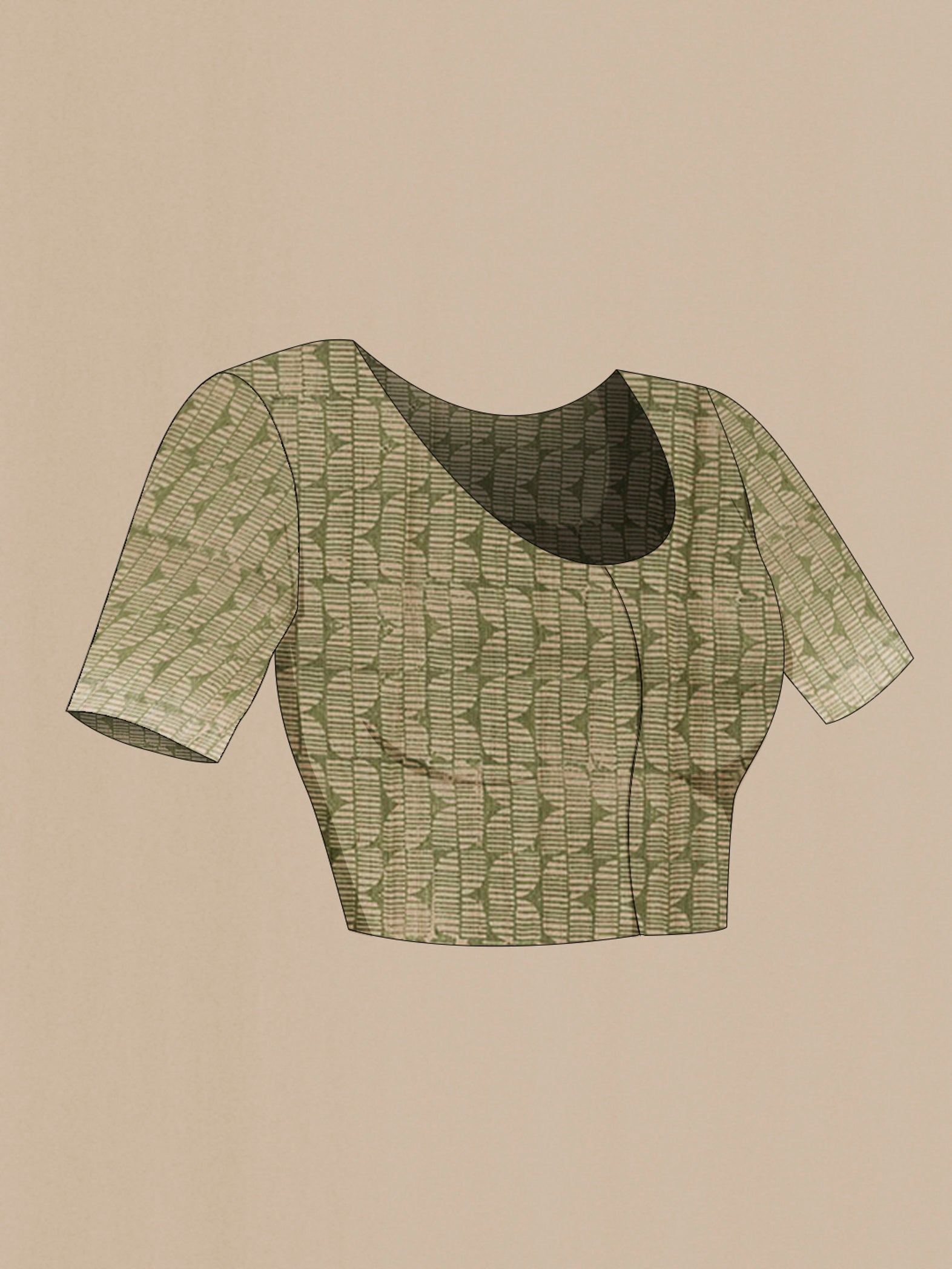 Close up image of the blouse of Green Tussar Saree with Printed design on the body and Printed Border. 