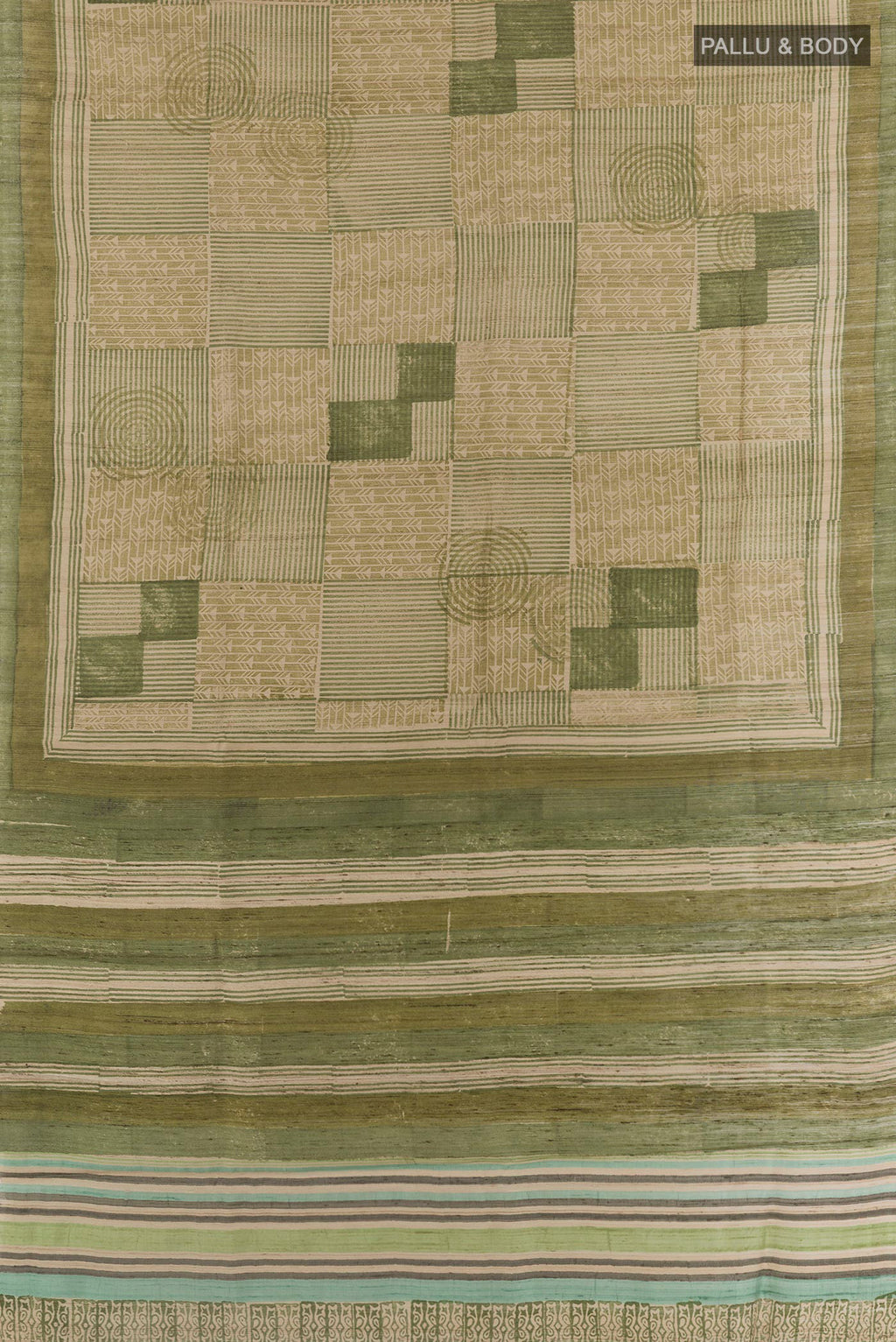 Flat view of Green Tussar Saree with Printed design on the body and Printed Border. 