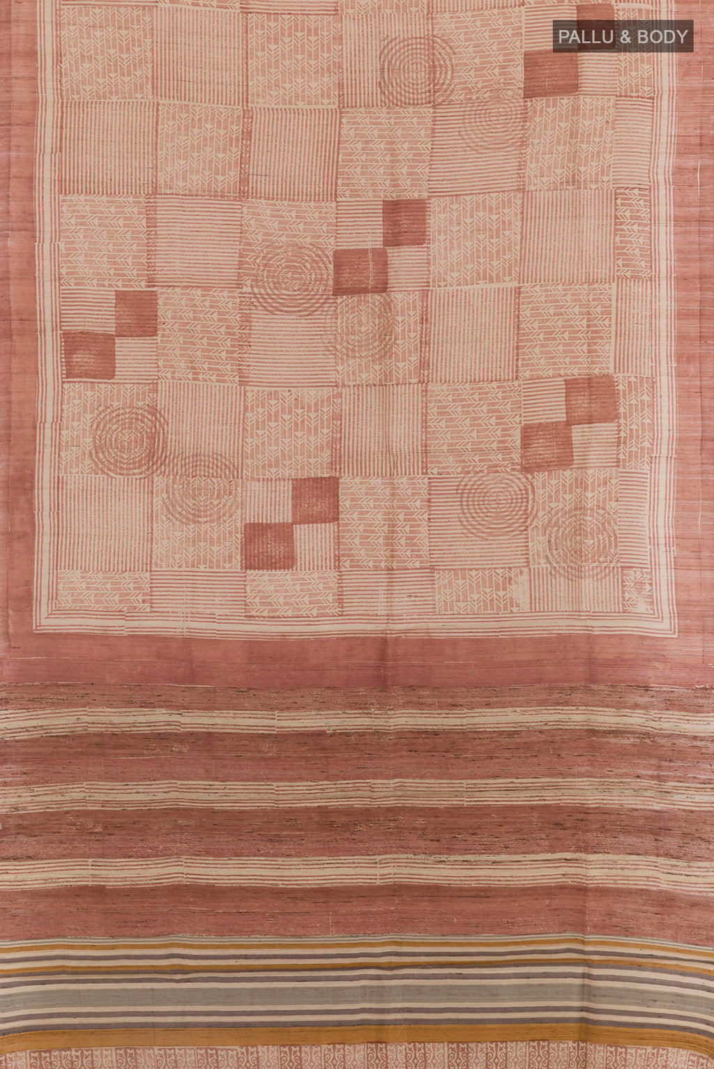 Flat view of Brown Tussar Saree with Printed design on the body and Printed Border. 