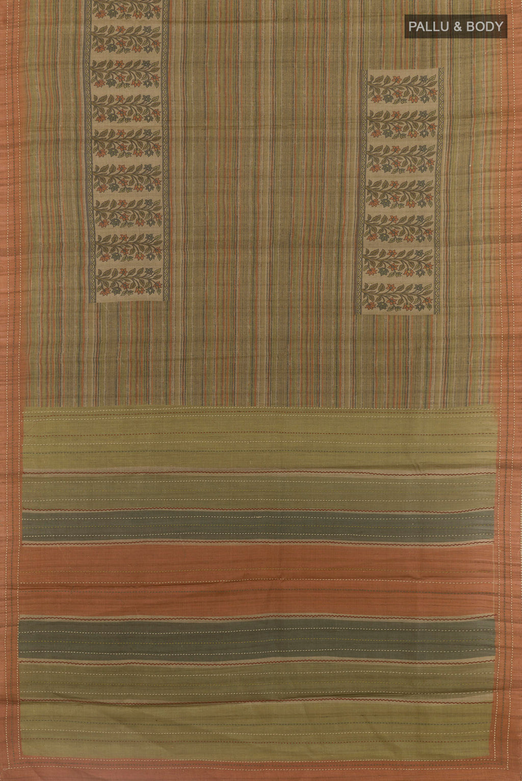 Flat view of Green Tussar Saree with Printed design on the body and Zari Border. 