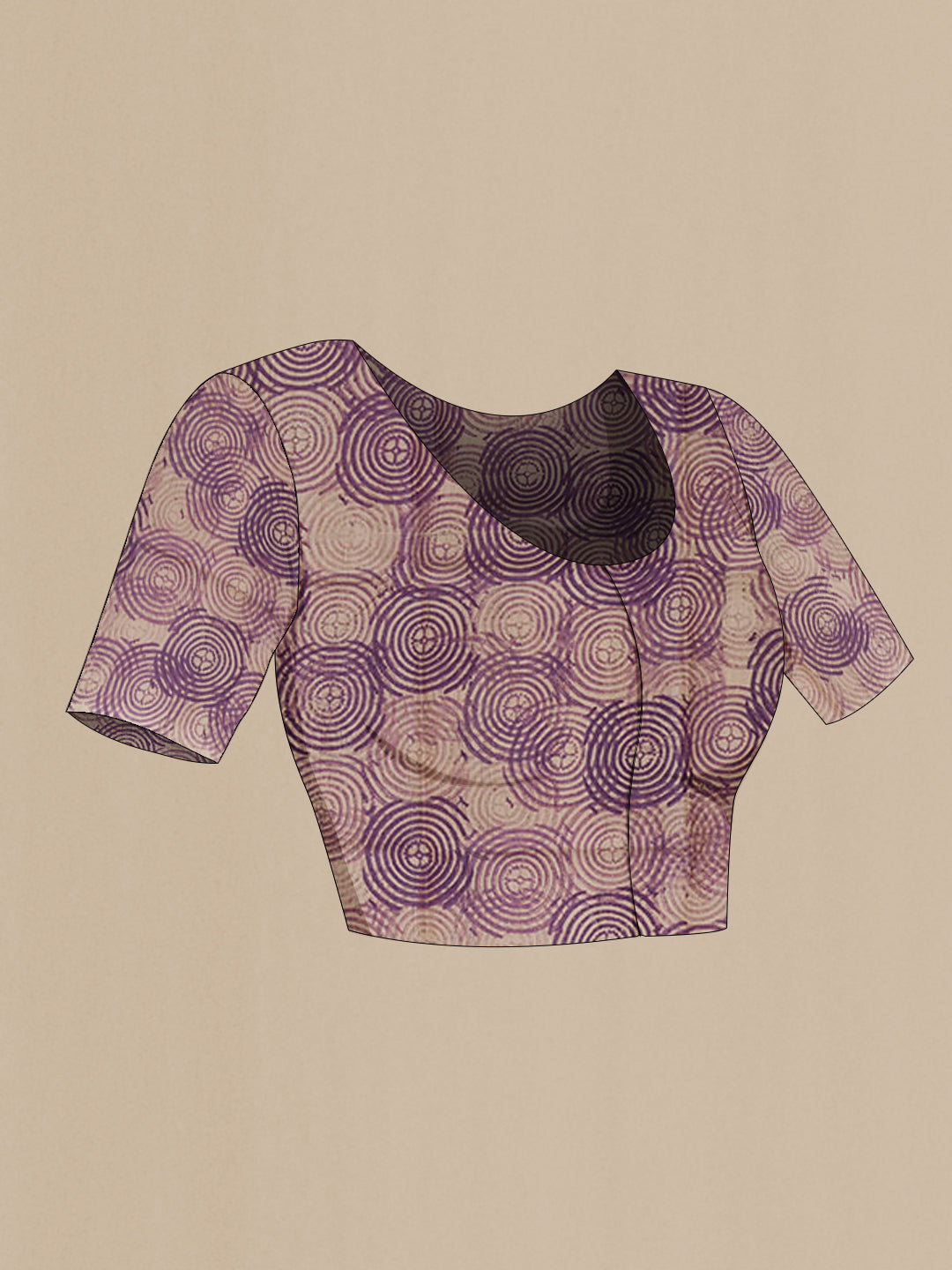 Close up image of the blouse of Purple Tussar Saree with Printed design on the body and Embroidery Border. 
