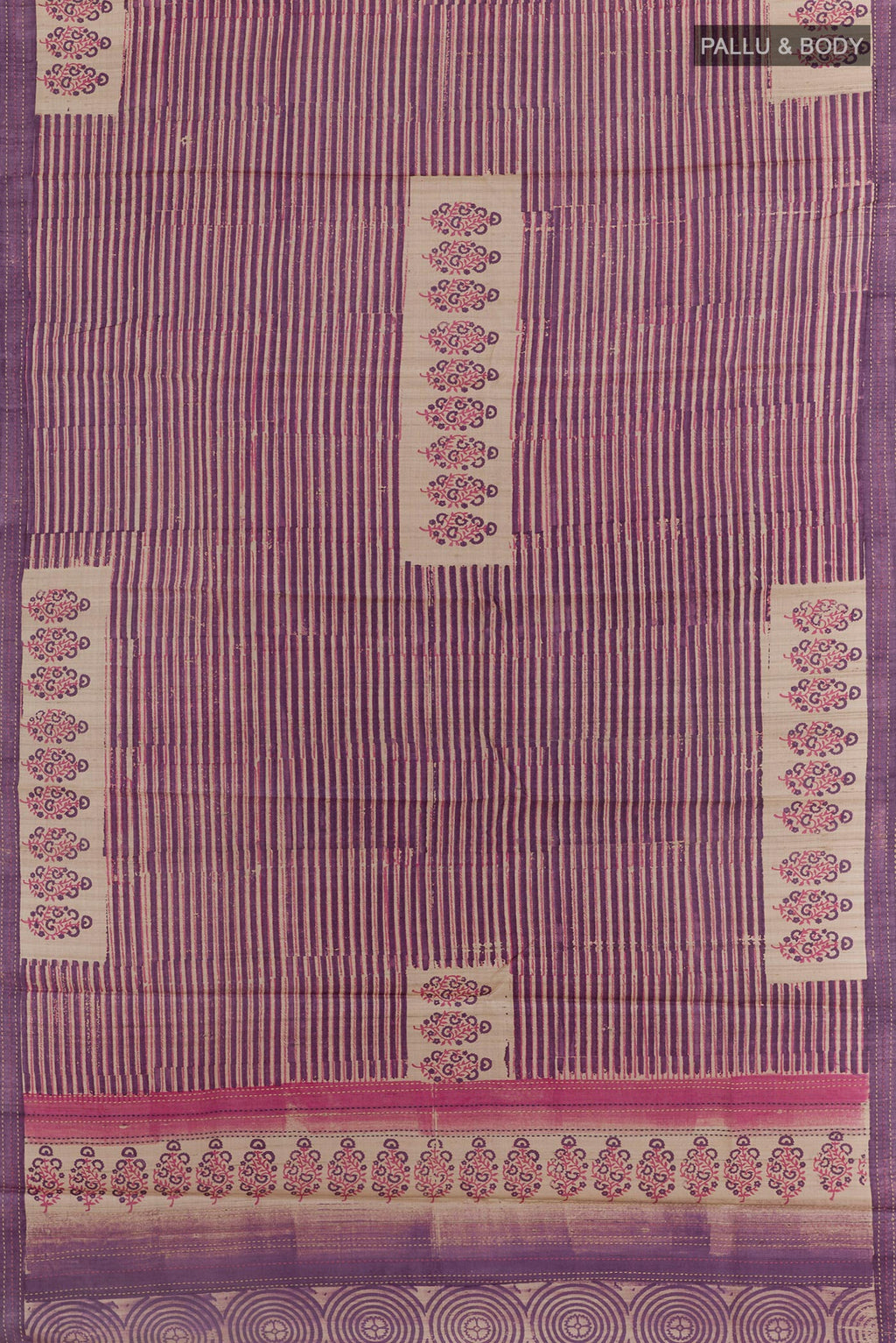 Flat view of Purple Tussar Saree with Printed design on the body and Embroidery Border. 