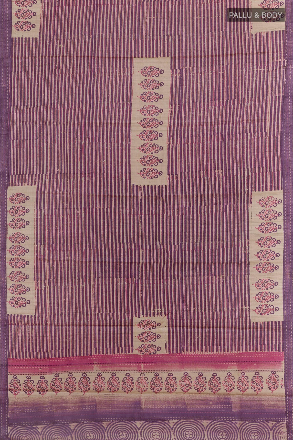 Flat view of Purple Tussar Saree with Printed design on the body and Embroidery Border. 