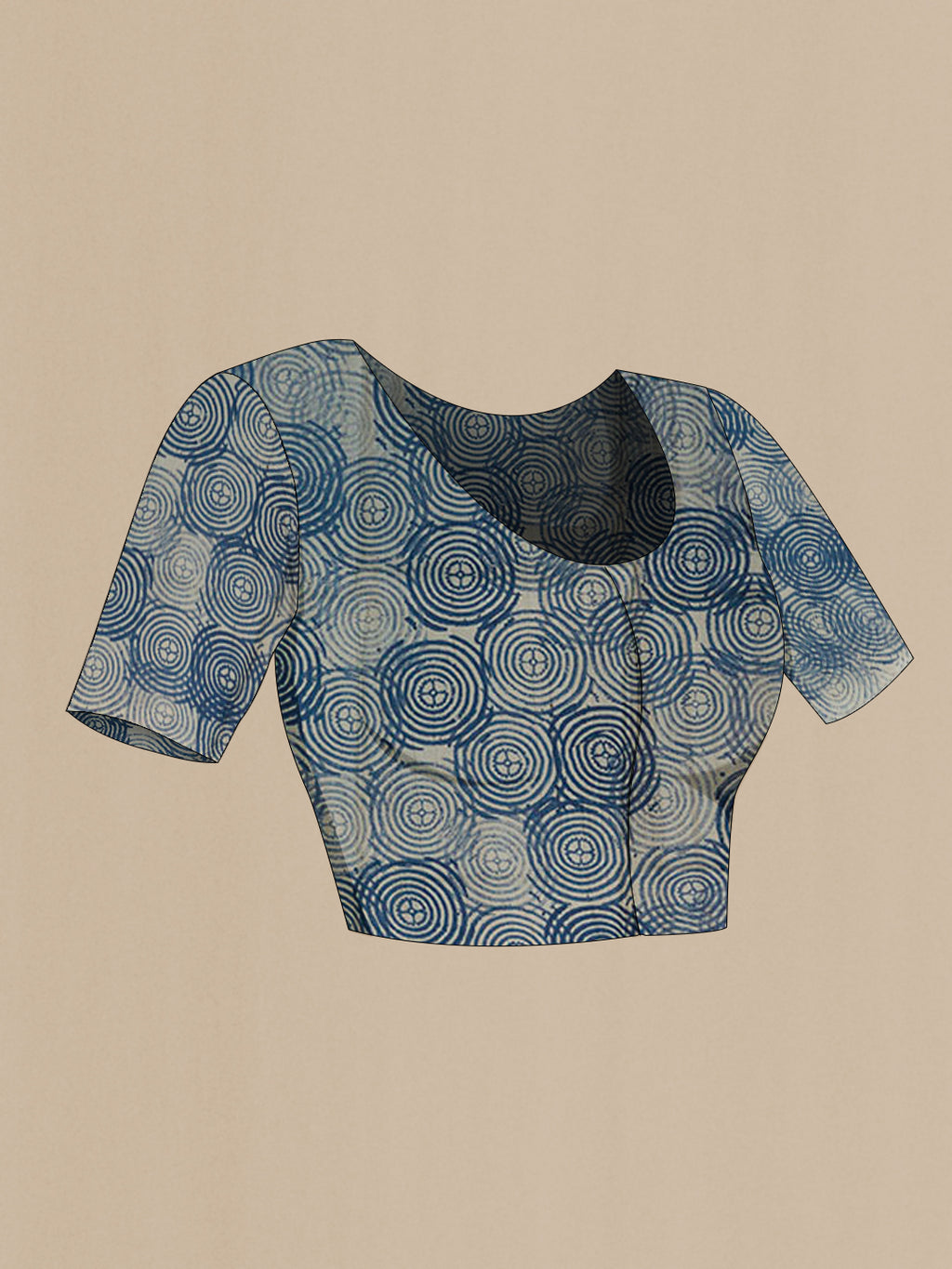 Close up image of the blouse of Blue Tussar Saree with Printed design on the body and Embroidery Border. 