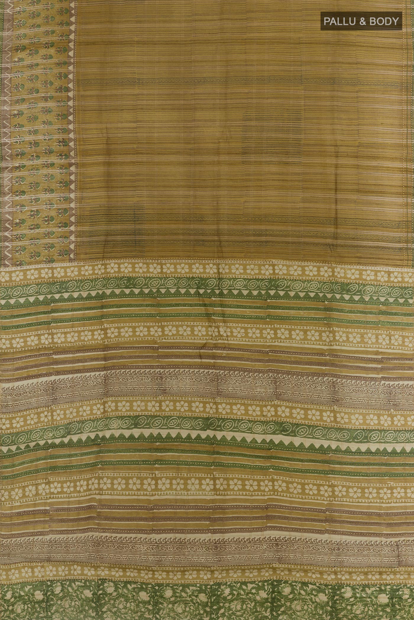 Flat view of Mehandi Green Tussar Saree with Printed design on the body and Printed Border. 