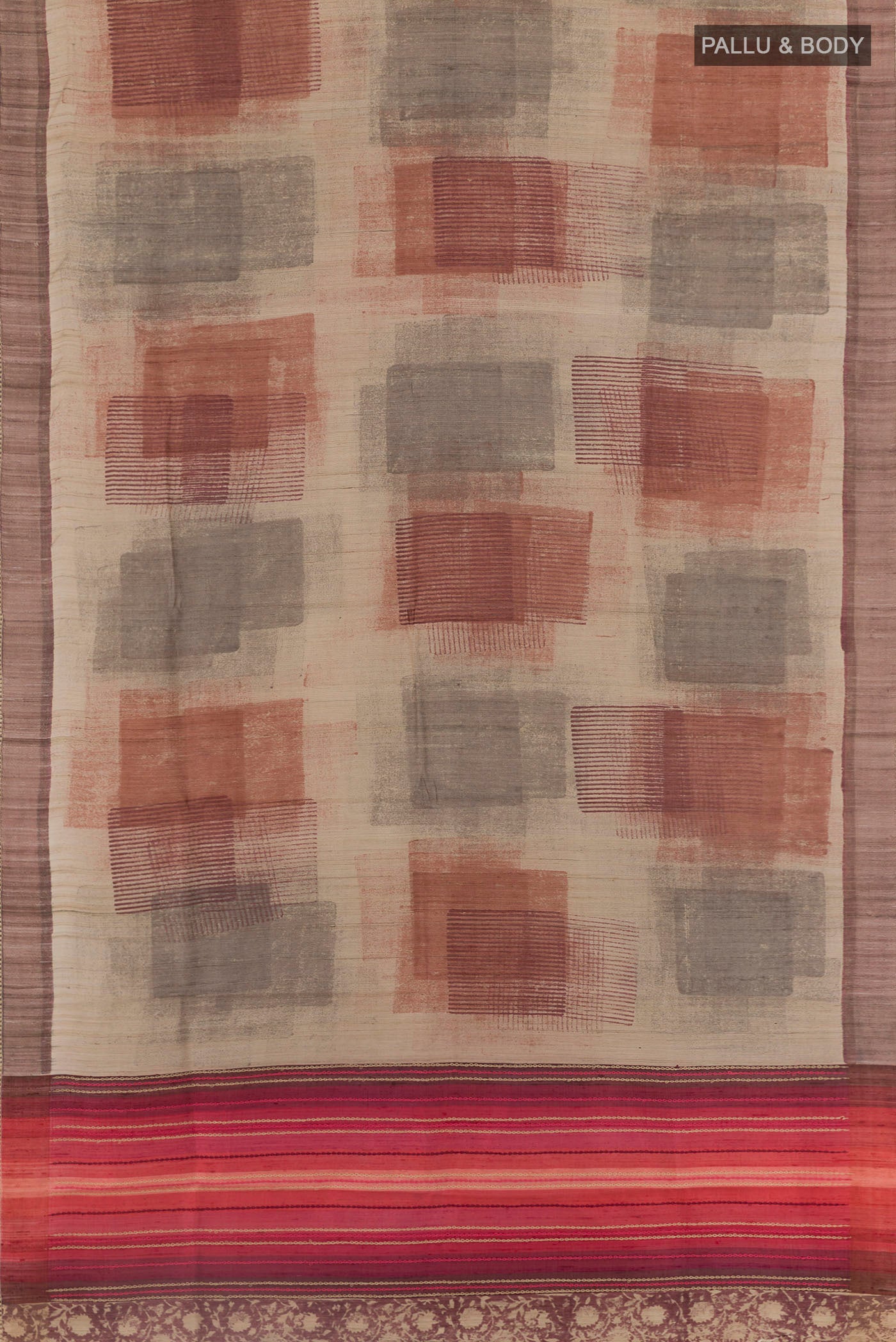 Flat view of Multi Color Tussar Saree with Printed design on the body and Zari Border. 