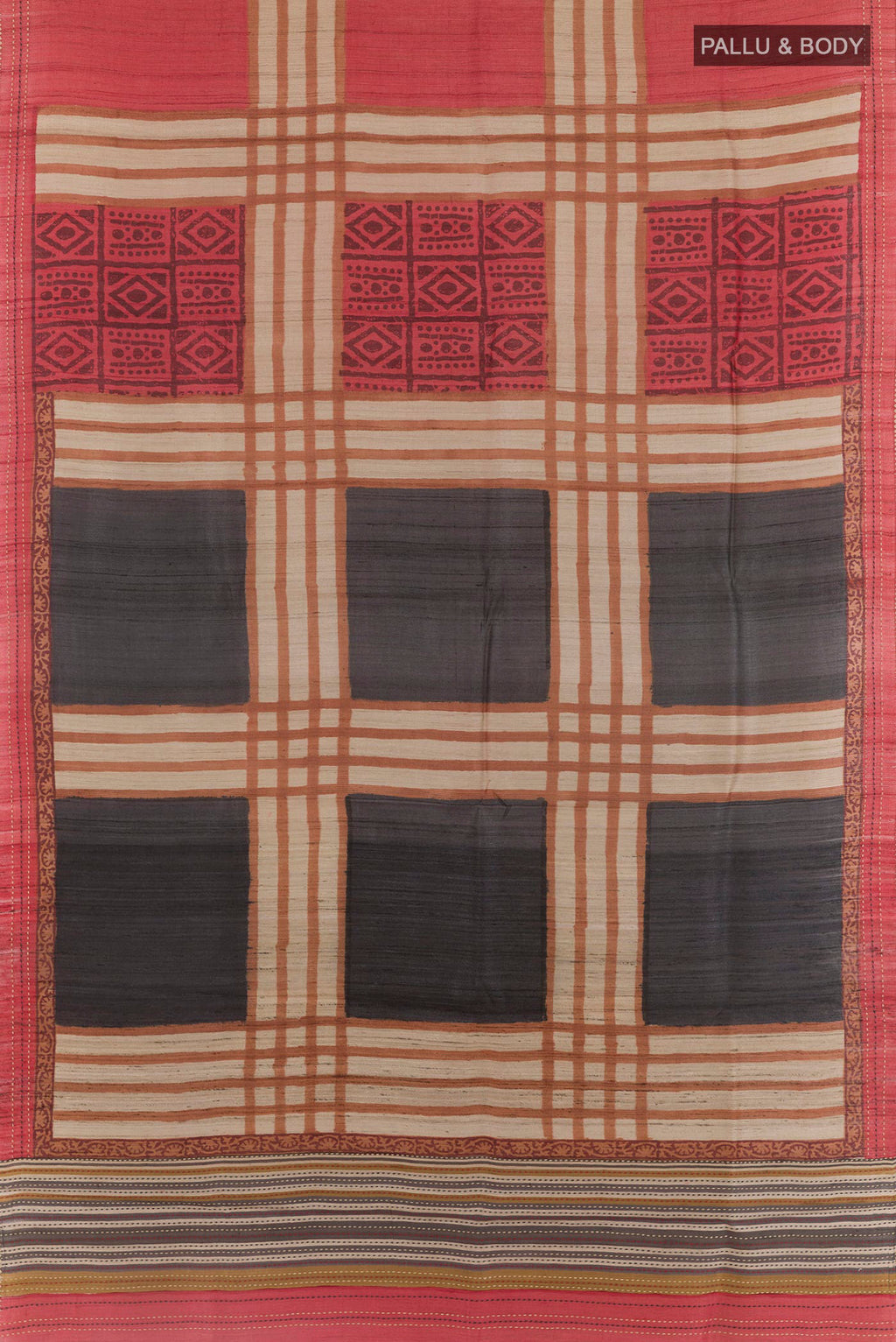 Flat view of Multi Color Tussar Saree with Printed design on the body and Embroidery Border. 
