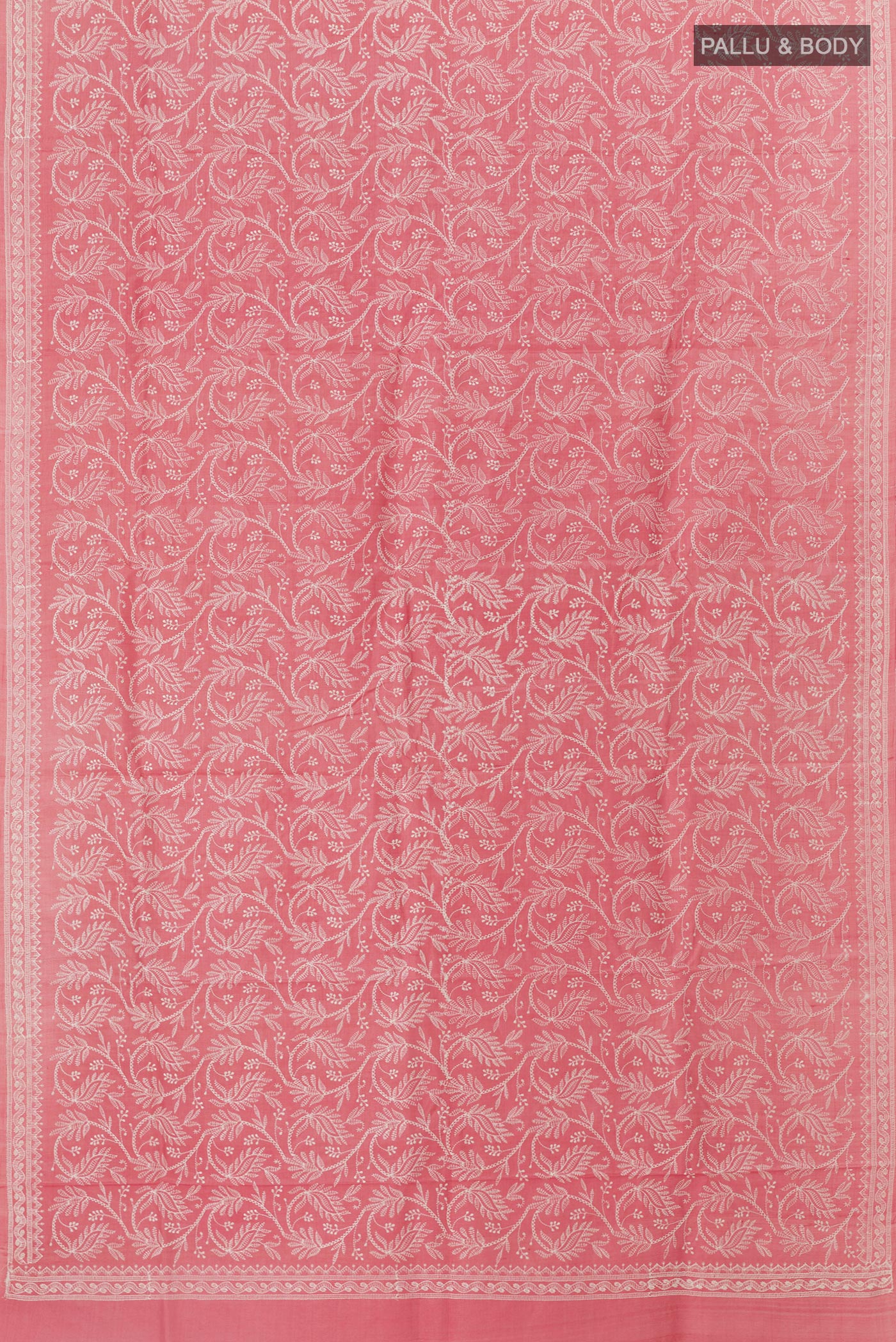 Flat view of Pink Tussar Saree with Embroidery on the body and Embroidery Border. 