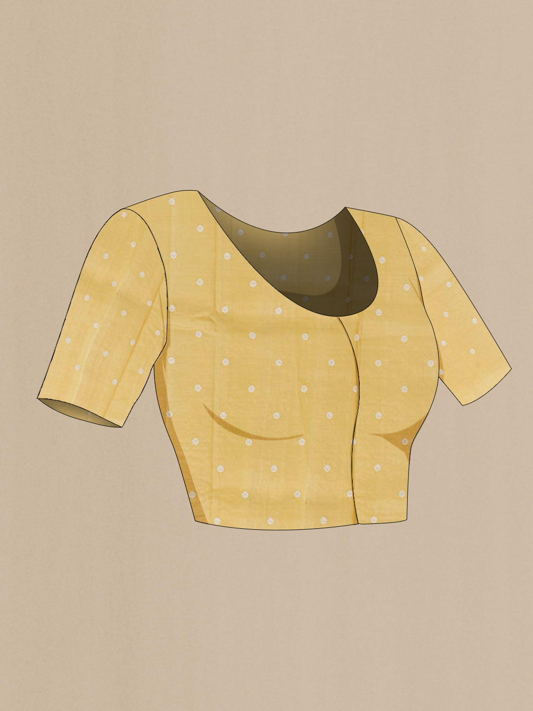 Close up image of the blouse of Yellow Tussar Saree with Embroidery on the body and Embroidery Border. 