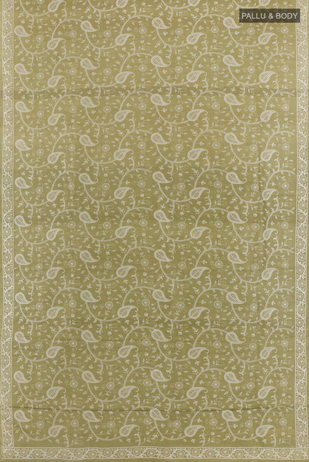 Flat view of Mehandi Green Tussar Saree with Embroidery on the body and Embroidery Border. 